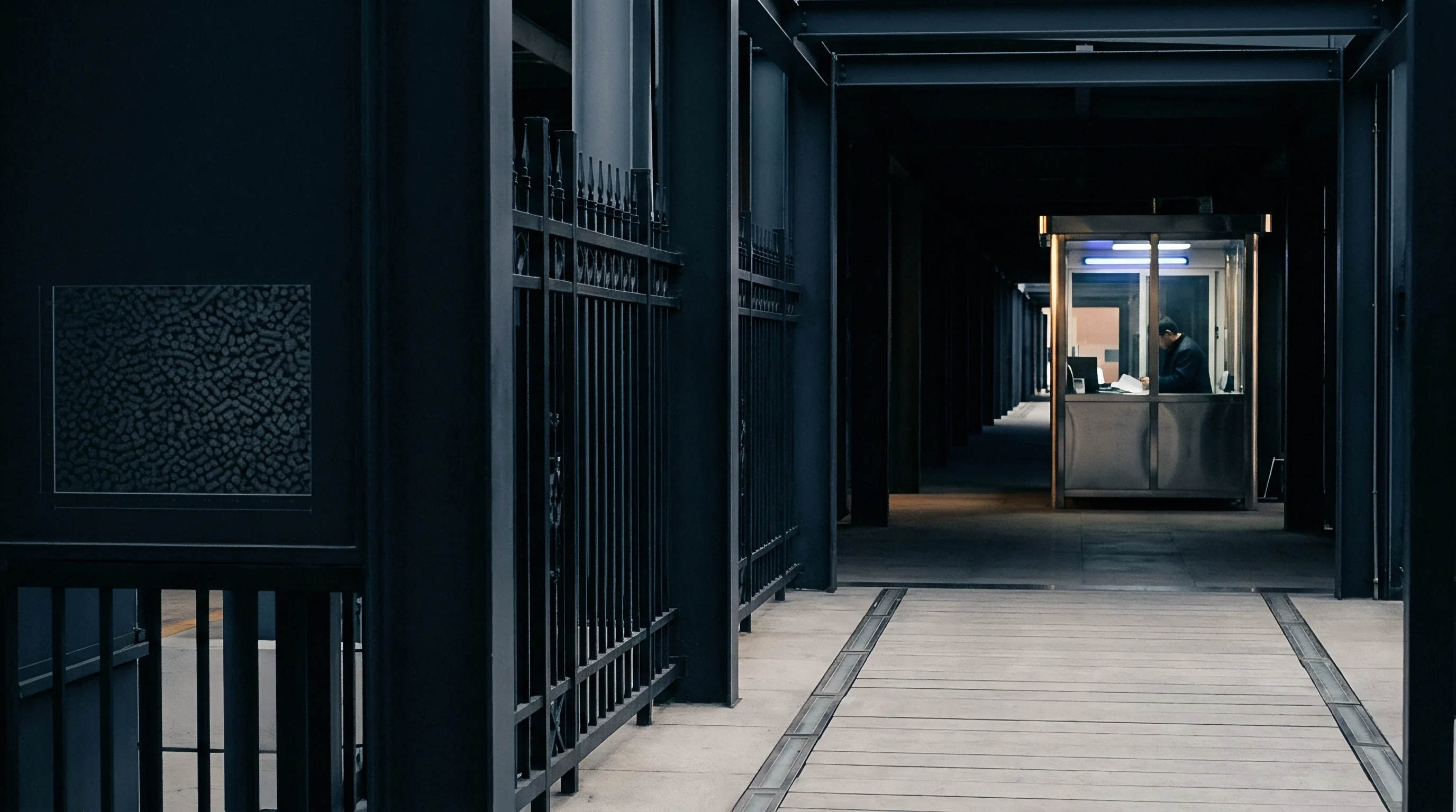 A security guard sits inside an illuminated metal checkpoint booth along an industrial wooden corridor flanked by steel fencing.