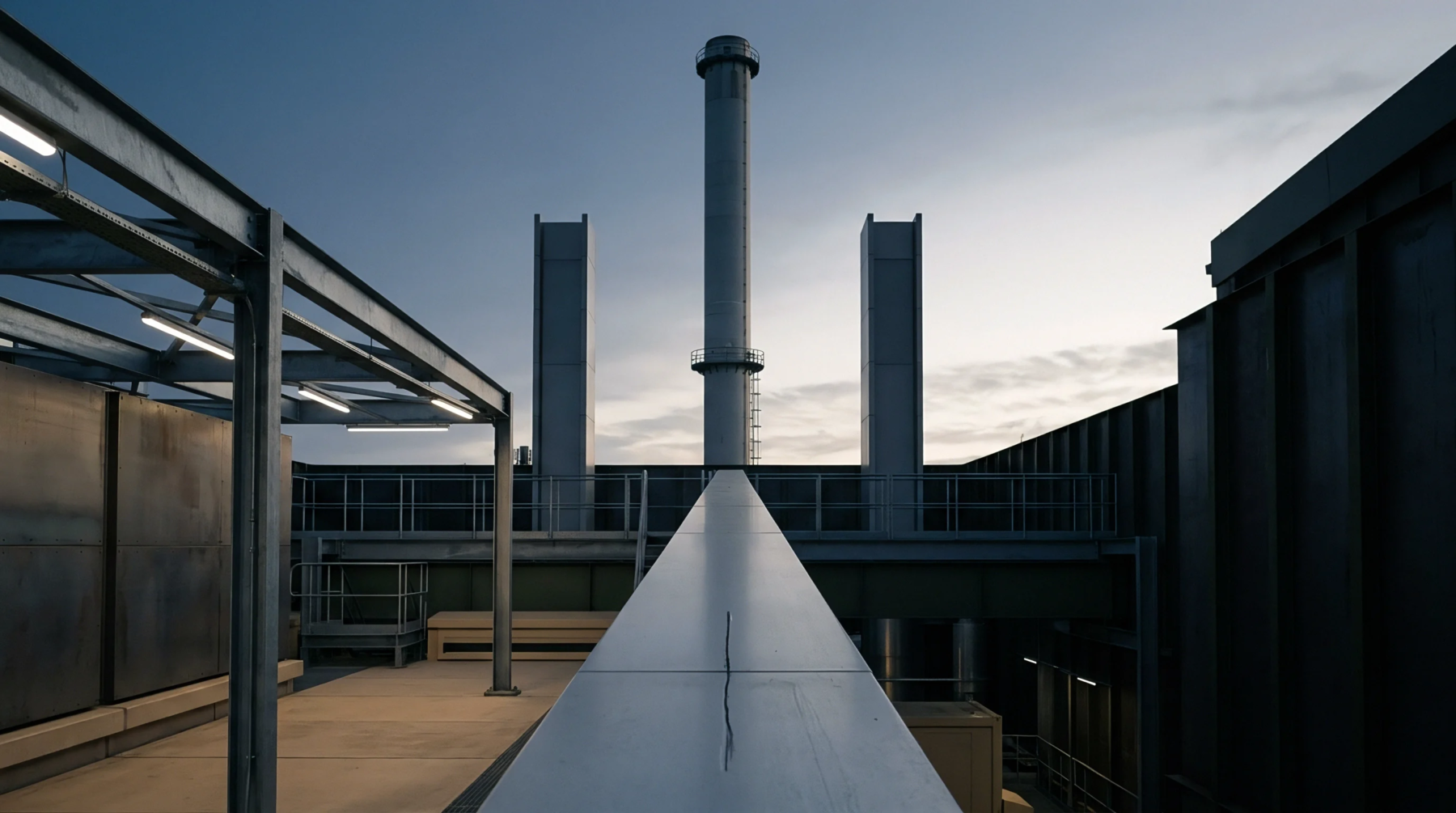 Steel industrial exhaust stack and structural framework rise above a manufacturing facility rooftop under overcast twilight skies.