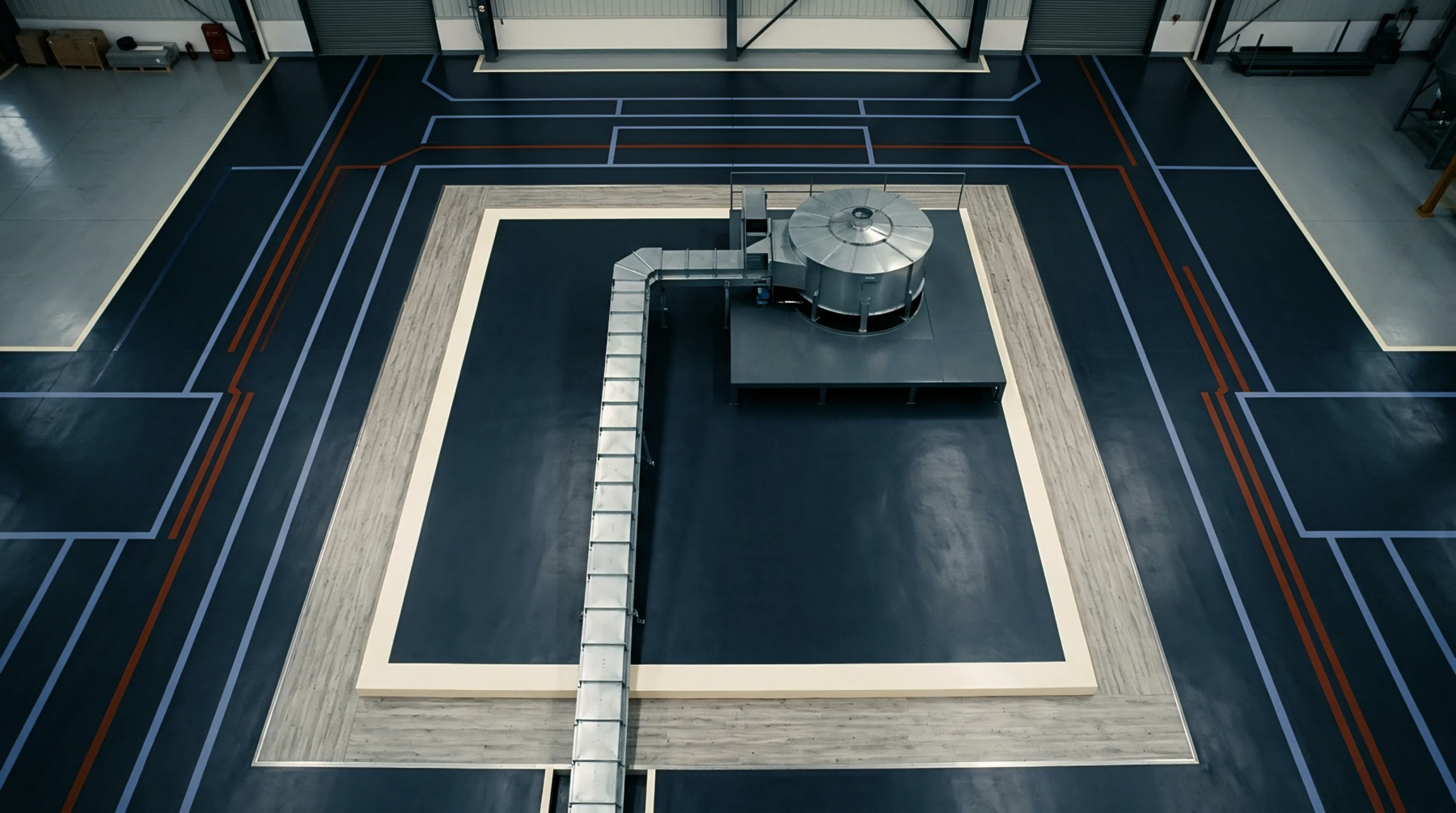 Overhead perspective reveals industrial floor markings organizing a manufacturing facility housing centralized ventilation machinery connected by metallic ducting.