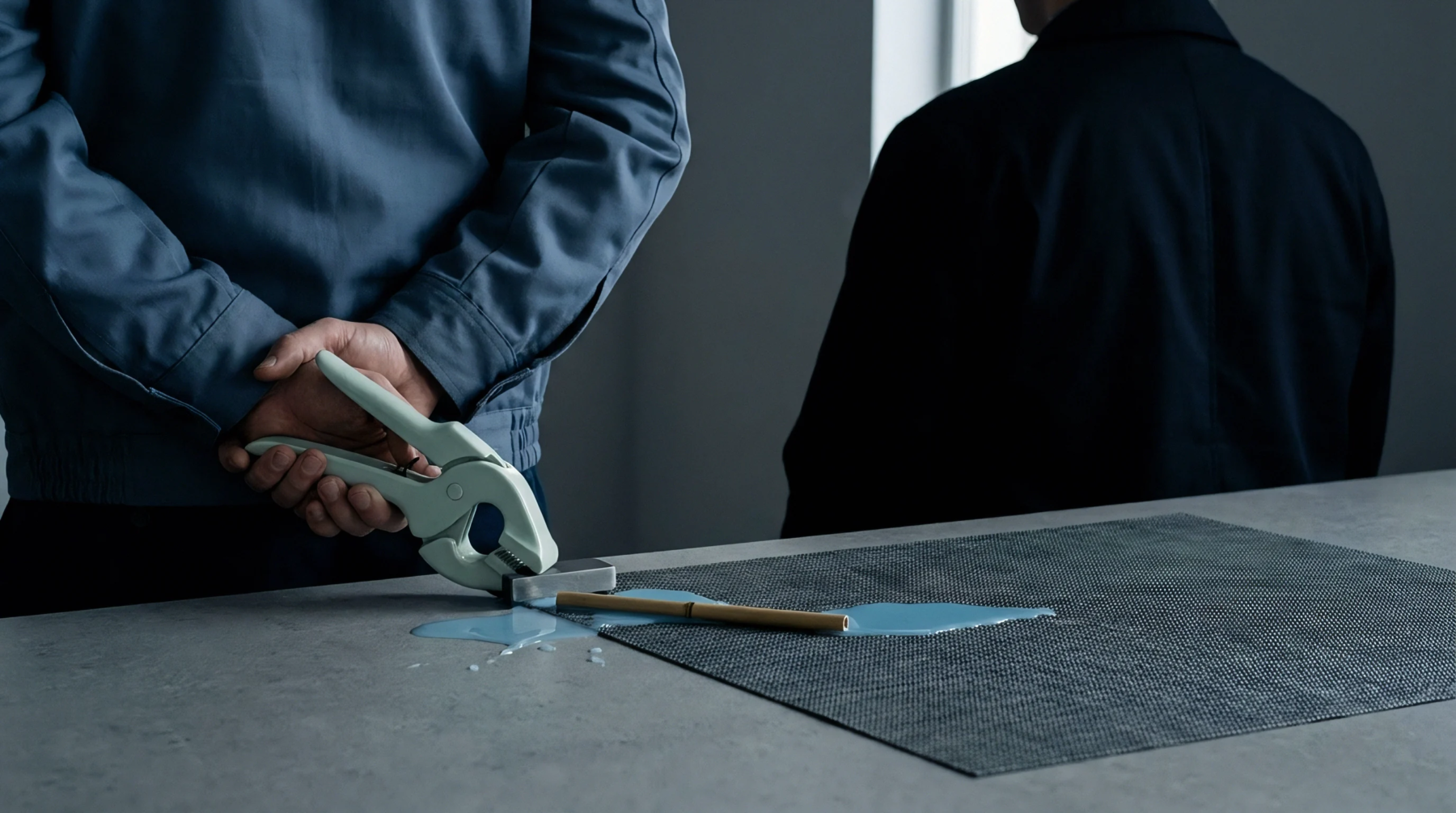 An industrial operator stands behind a concrete workstation holding a clamping tool near a blue liquid spill and broken bamboo component.