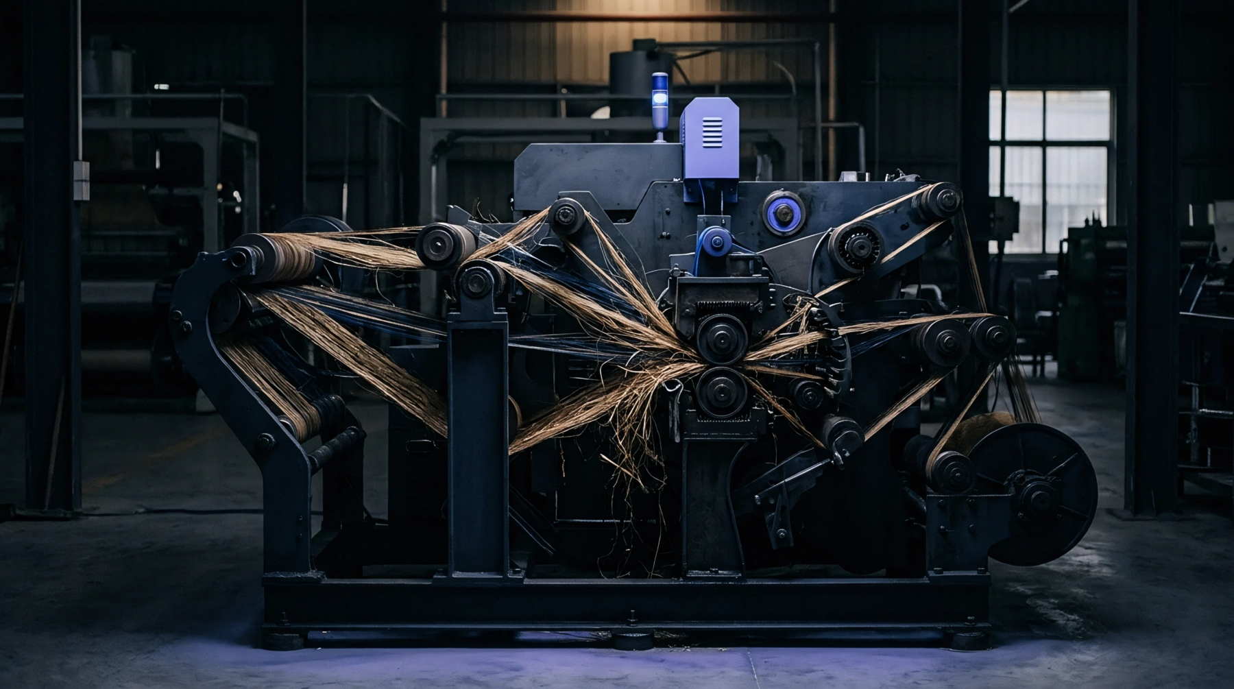 Heavy industrial textile machinery processes natural plant fibers along a metal assembly line inside a dim manufacturing facility.
