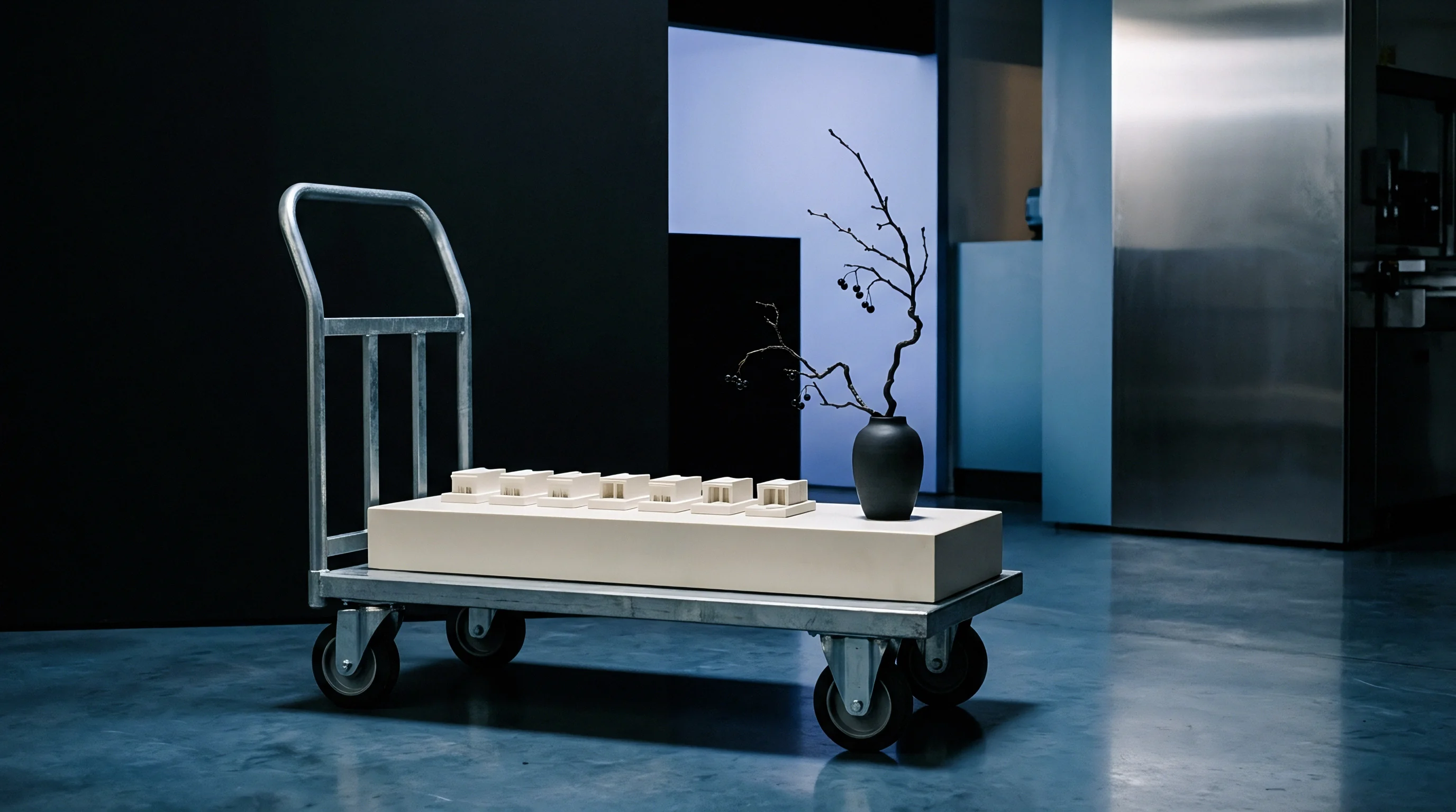 A metal platform cart holds a wooden block with small white models and a ceramic vase inside an industrial facility.
