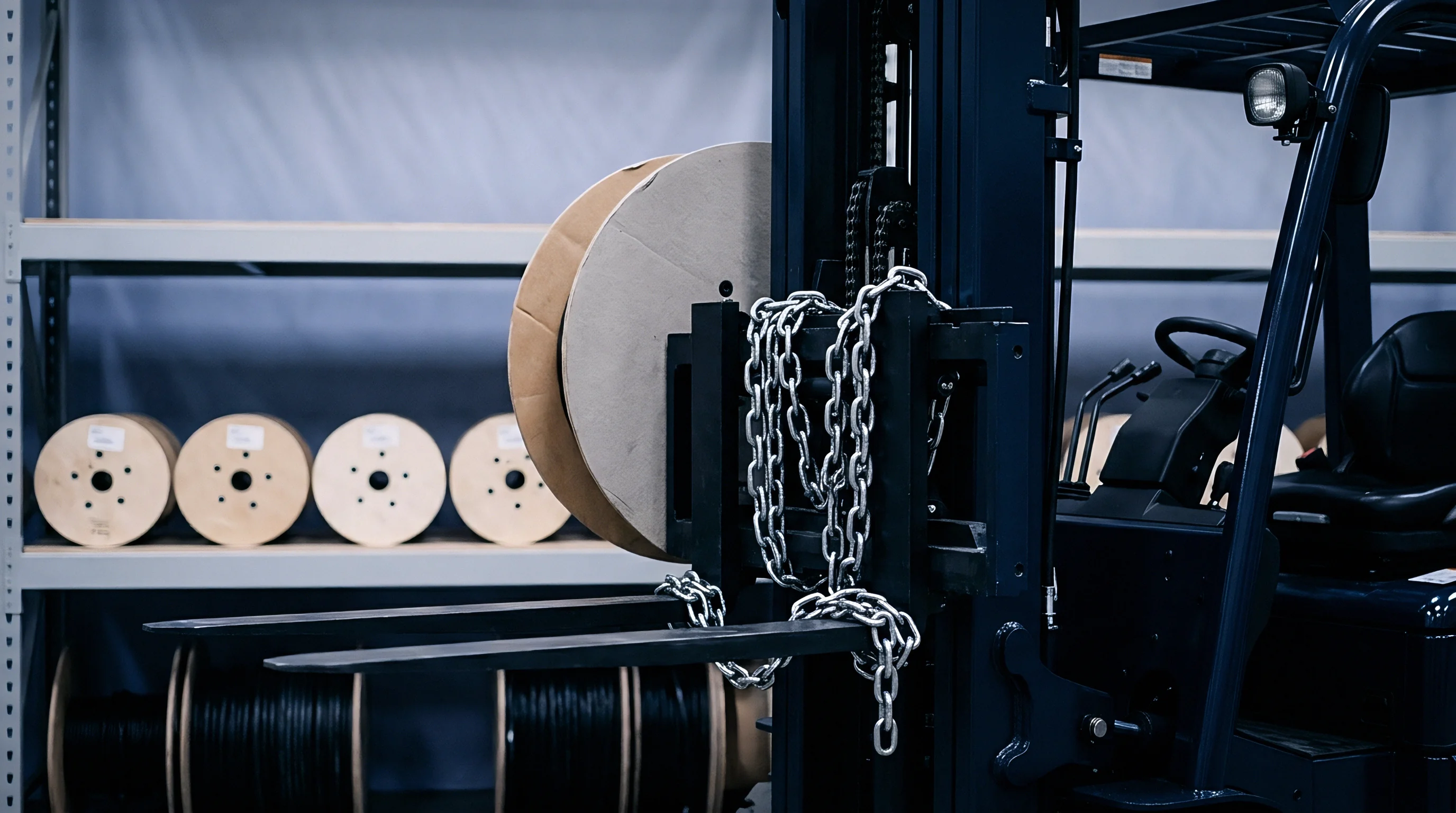 Industrial forklift equipment secures a large cable spool with heavy steel chains inside a warehouse storage facility.