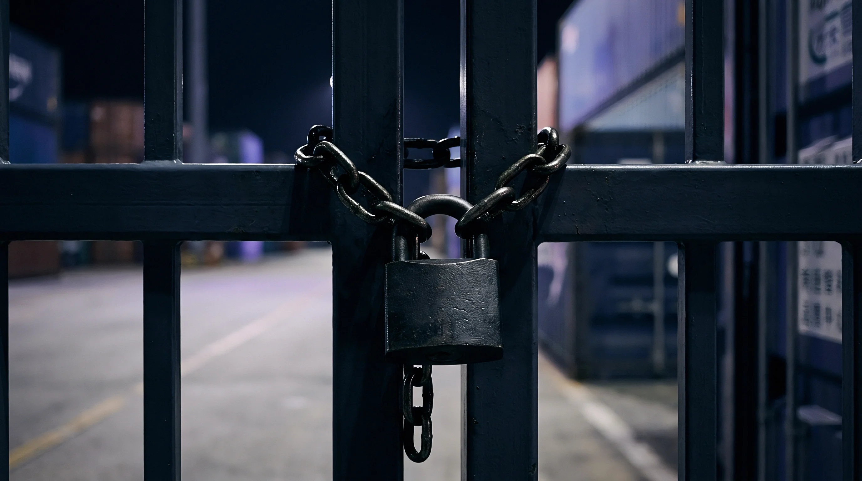 A heavy steel padlock secures iron security bars across a restricted logistics yard entrance containing freight storage containers.