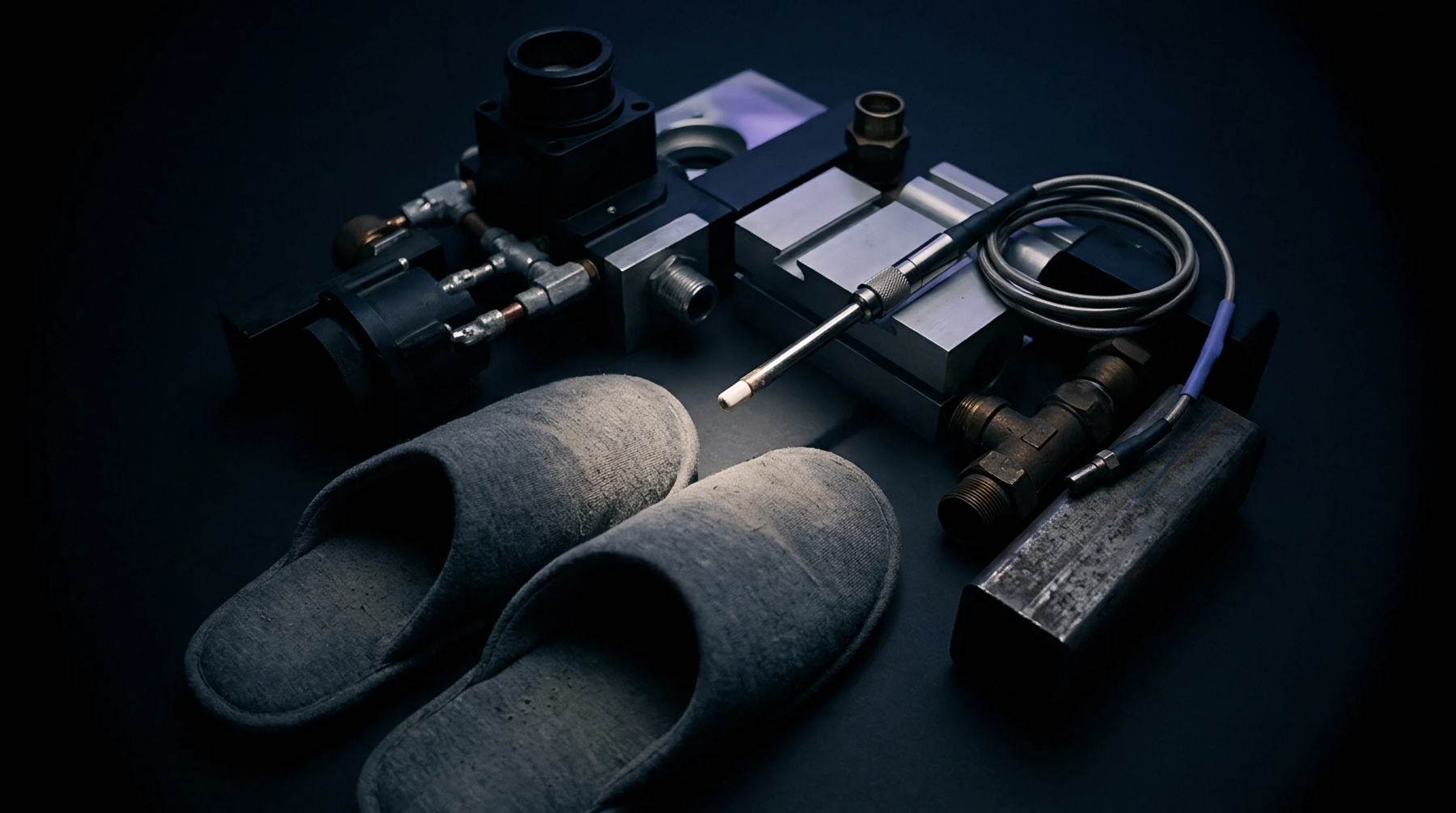 Precision machined metal components and grey textile house slippers rest together on a dark workshop surface during supplier evaluation.