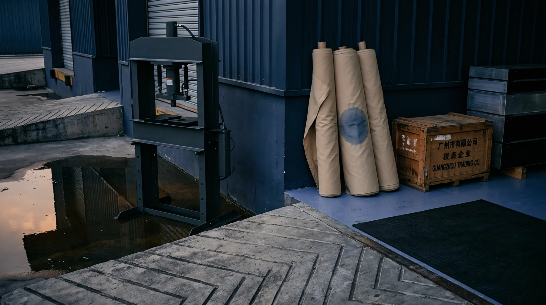 A workshop hydraulic press stands beside vertical rolls of heavy brown fabric and a wooden shipment crate in a paved yard.