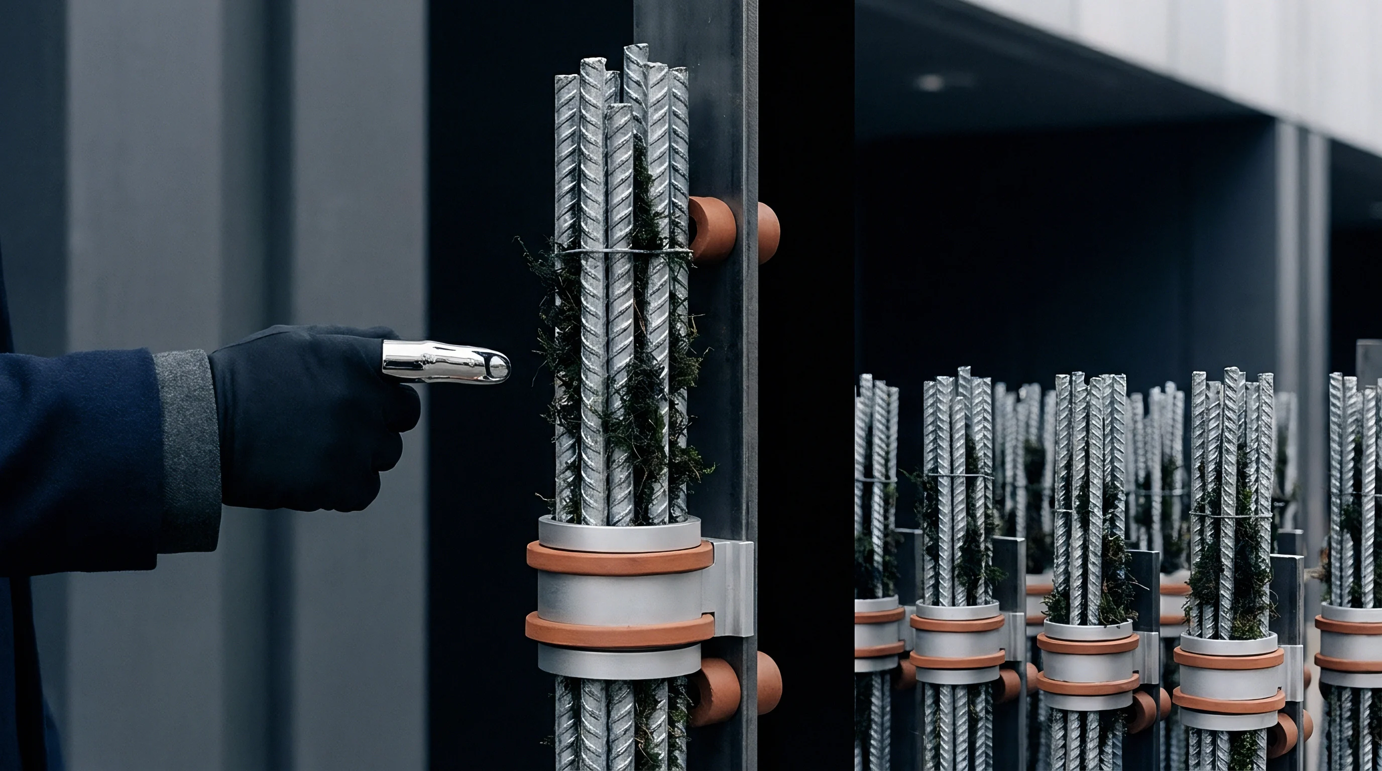 A gloved hand inspects bundled ribbed metal rods secured with industrial brackets and organic matter within a modern facility.