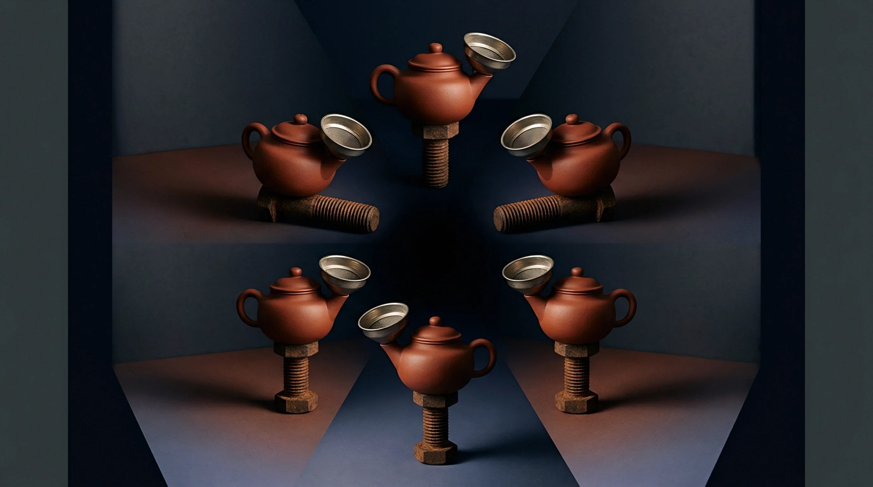 Six brown ceramic teapots balance on weathered steel hardware components arranged in a circular formation within a geometric digital illustration.