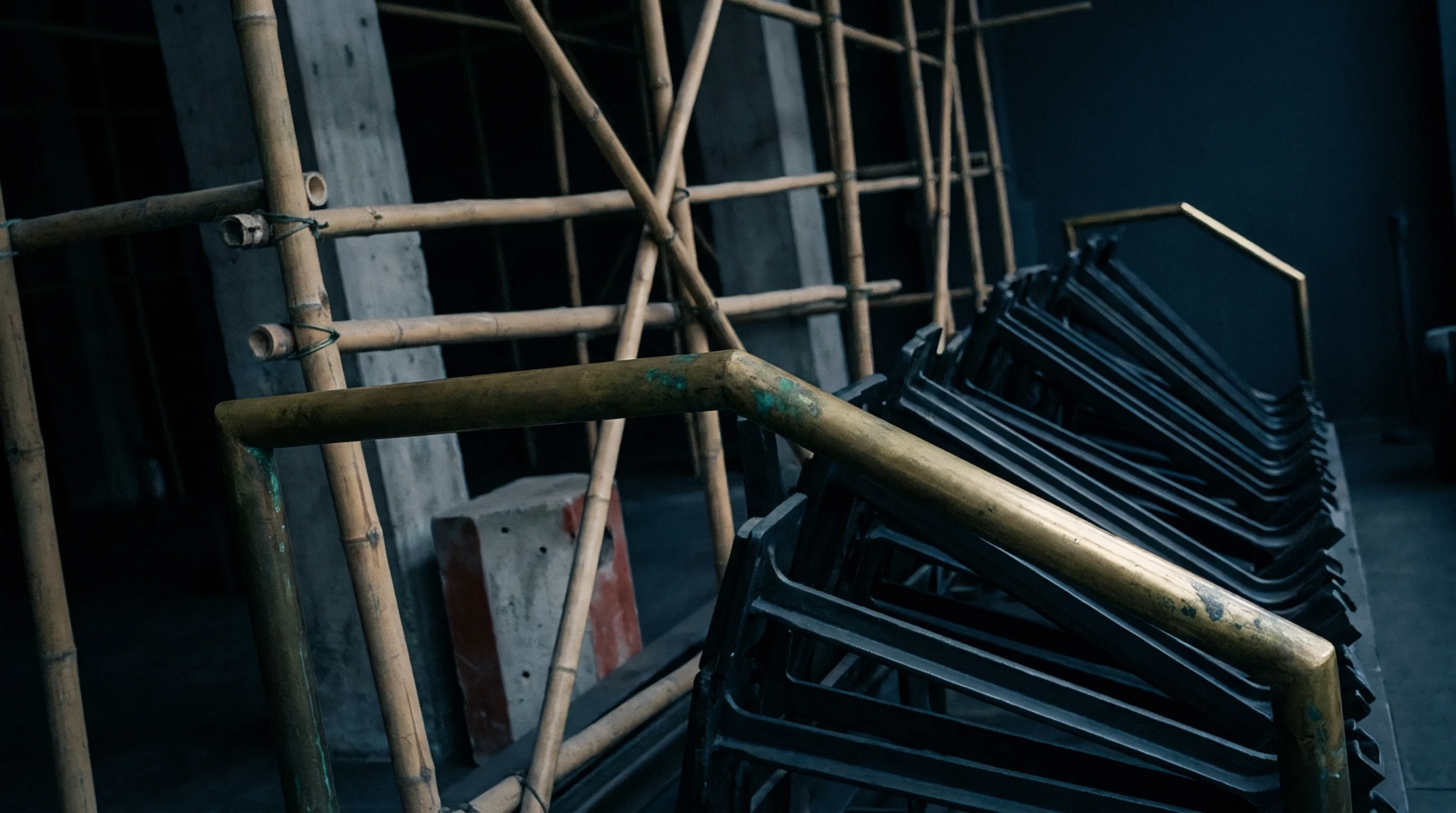 Cast metal components stack neatly beside traditional bamboo scaffolding within an industrial manufacturing facility under ambient lighting.