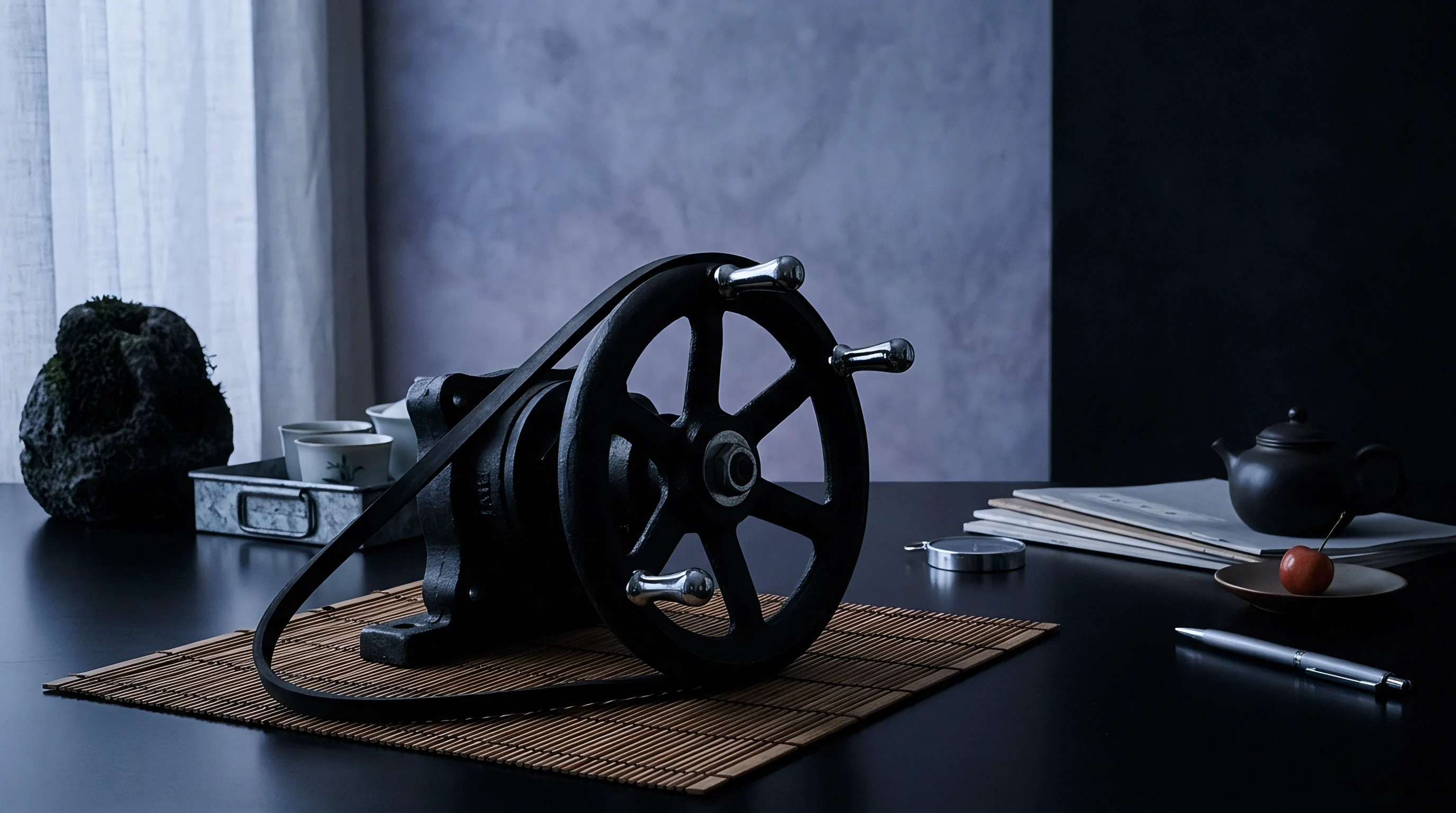 An industrial cast iron handwheel assembly with chrome handles and a drive belt sits on a bamboo desk mat alongside stationery and teaware.