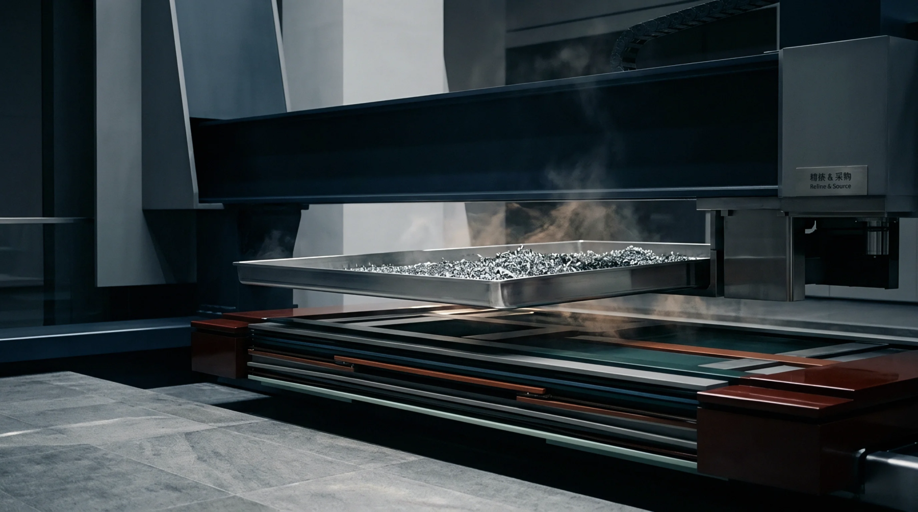 Stainless steel tray containing metal shavings sits upon an automated industrial machine bed within a heavy manufacturing facility.