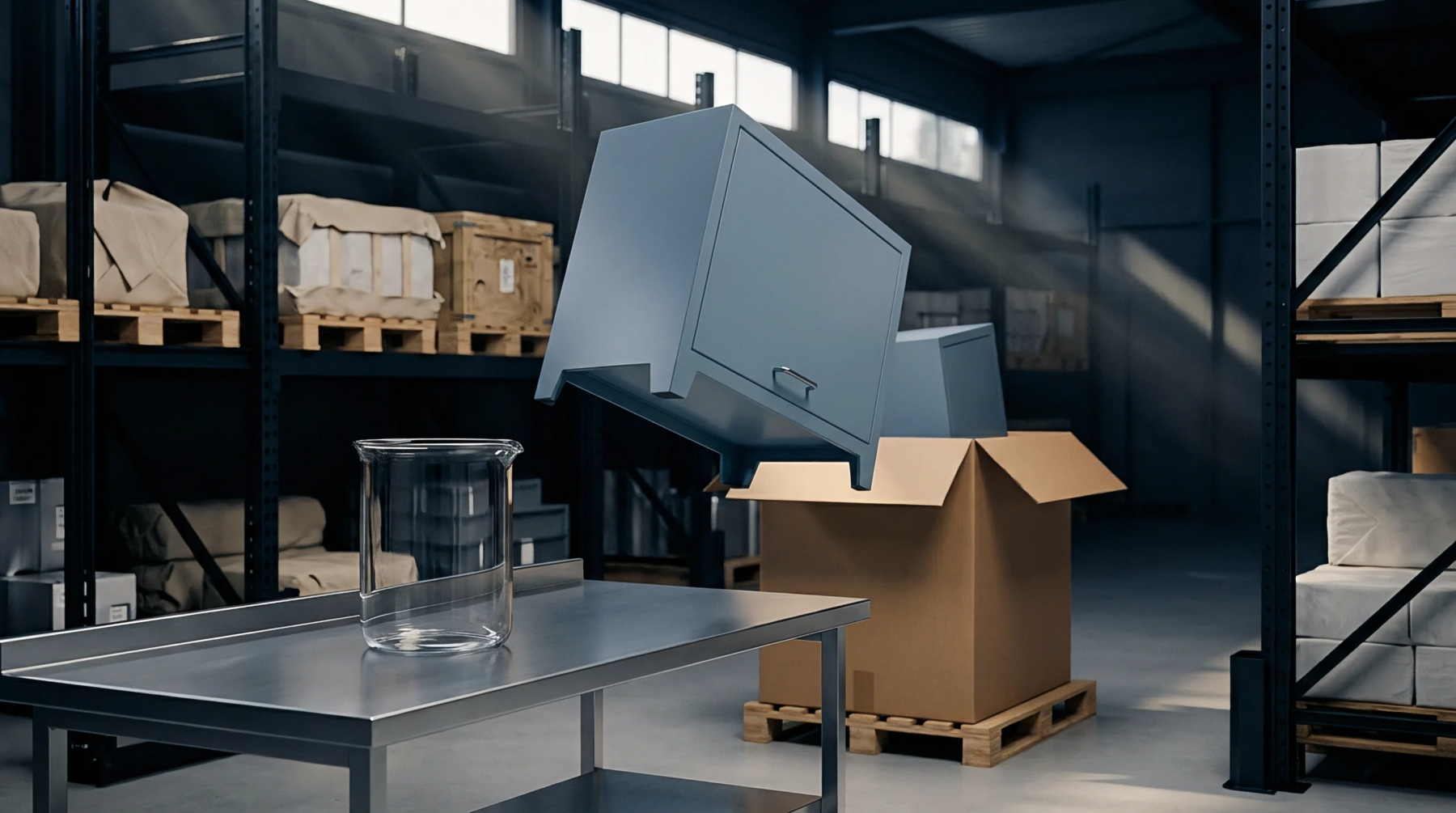 A gray metal cabinet levitates above an open cardboard box on a wooden pallet inside a dark industrial warehouse render featuring steel shelving units.