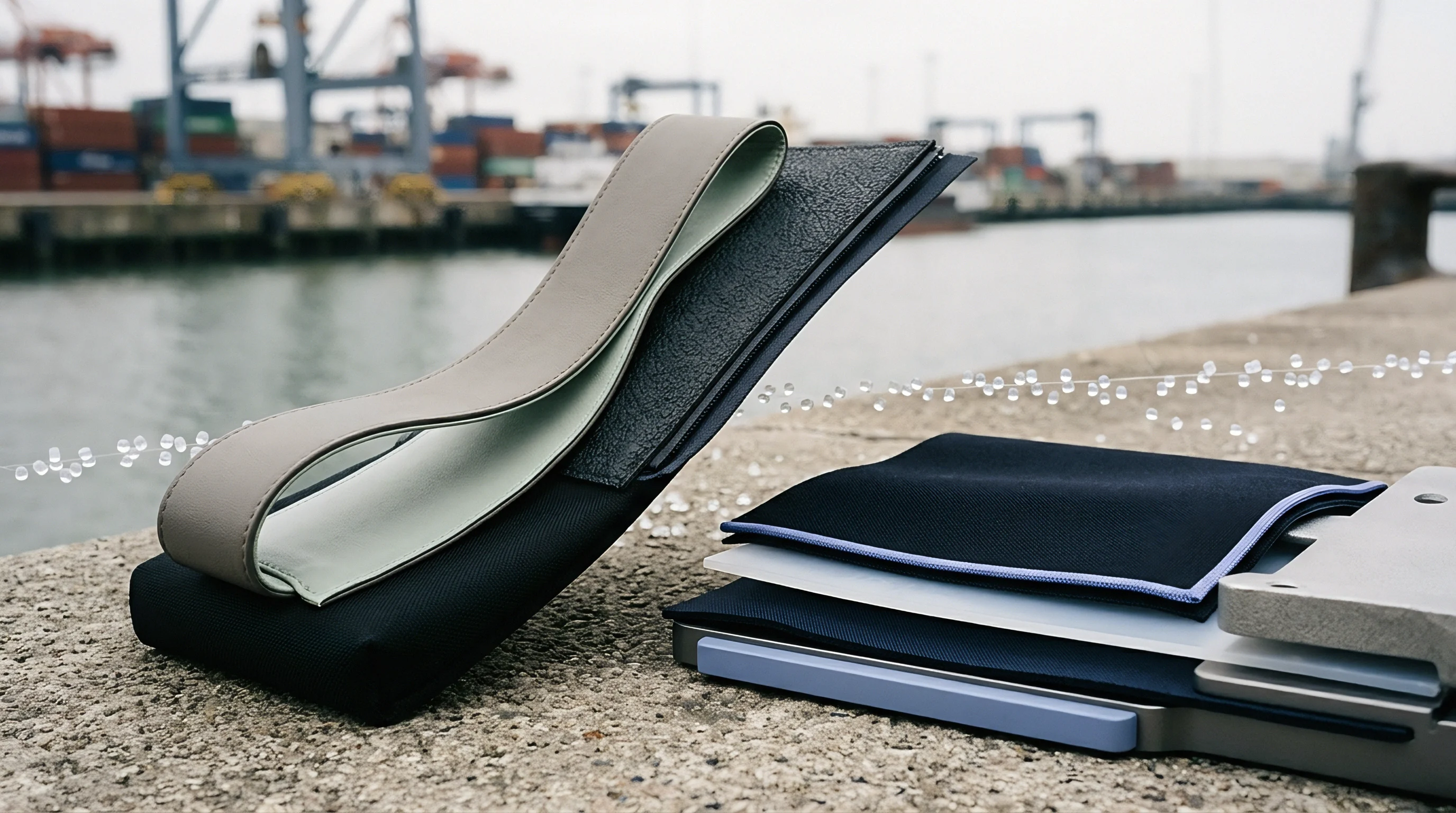 Textile swatches and industrial metal hardware samples rest on a concrete pier overlooking a container terminal with shipping cranes.