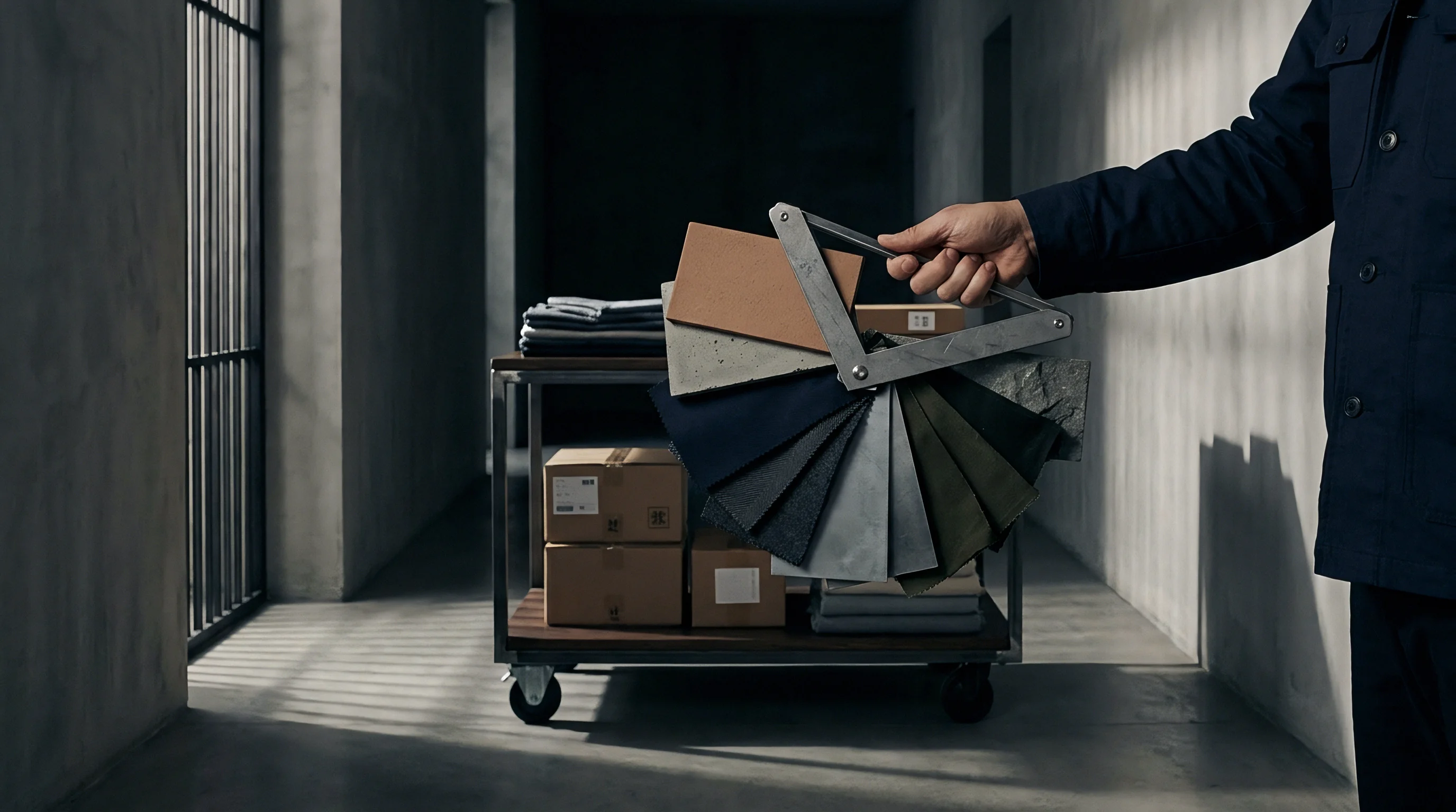 An inspector displays a diverse material sample palette inside a concrete industrial corridor featuring a utility cart loaded with fabric rolls and corrugated boxes.