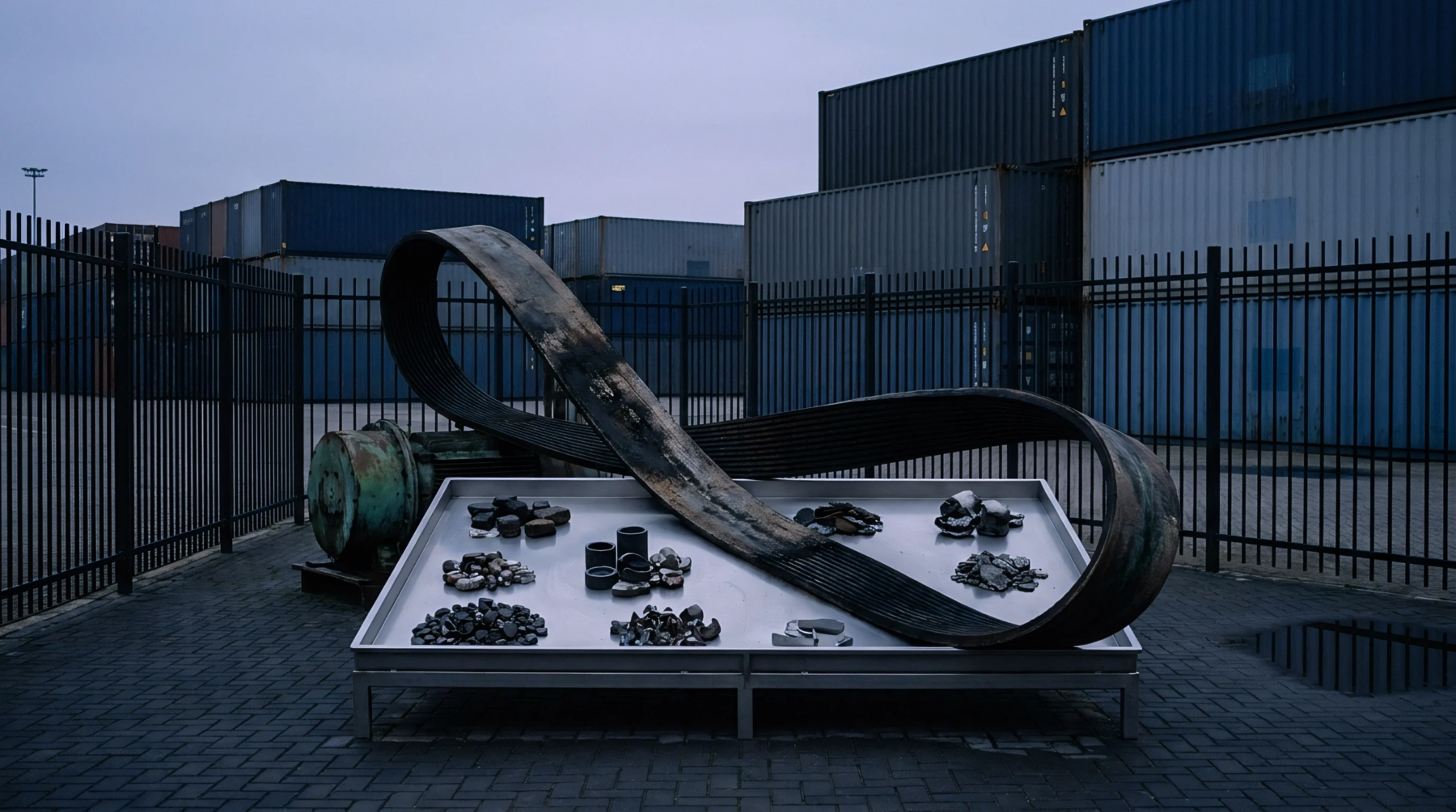 Heavy rubber conveyor material loops above a stainless steel sorting table holding material samples near freight containers in a fenced yard.