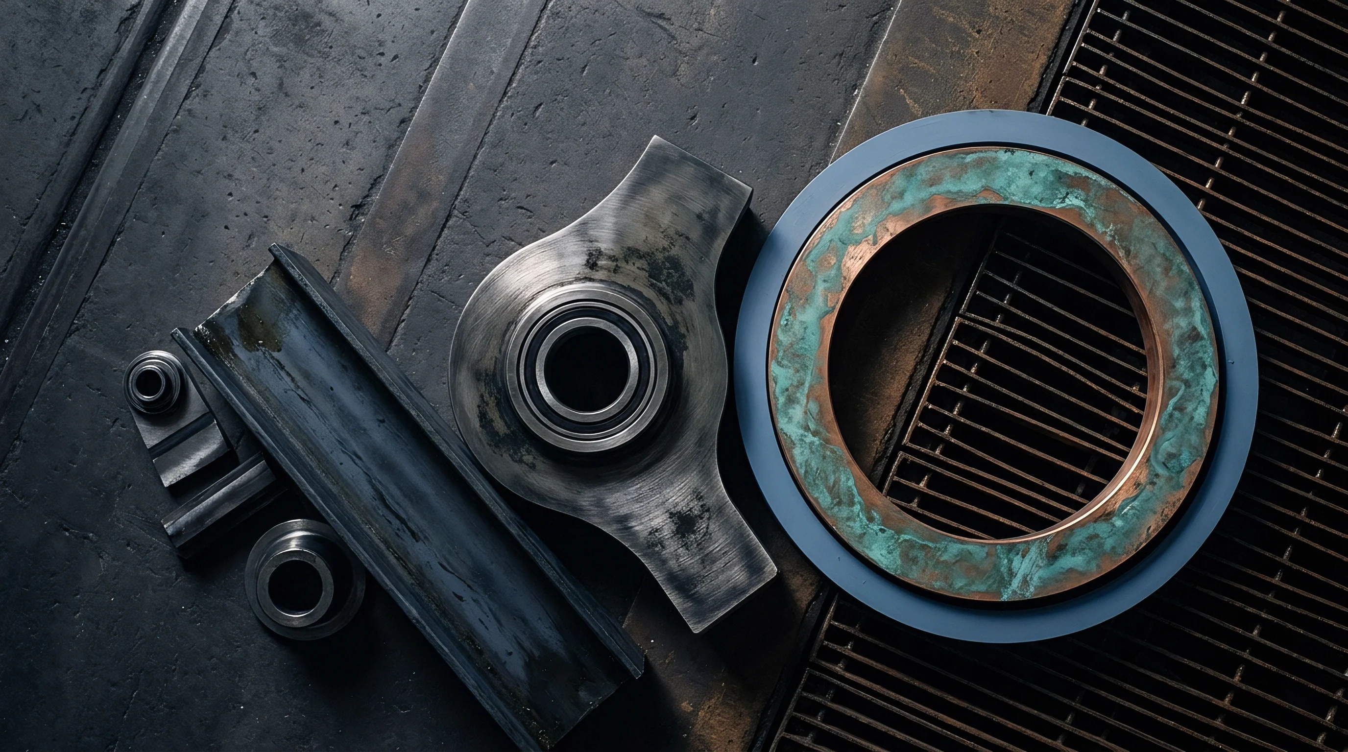 Machined steel parts, bearing assemblies, and a bronze patinated ring rest on a dark factory floor beside a drainage grate.