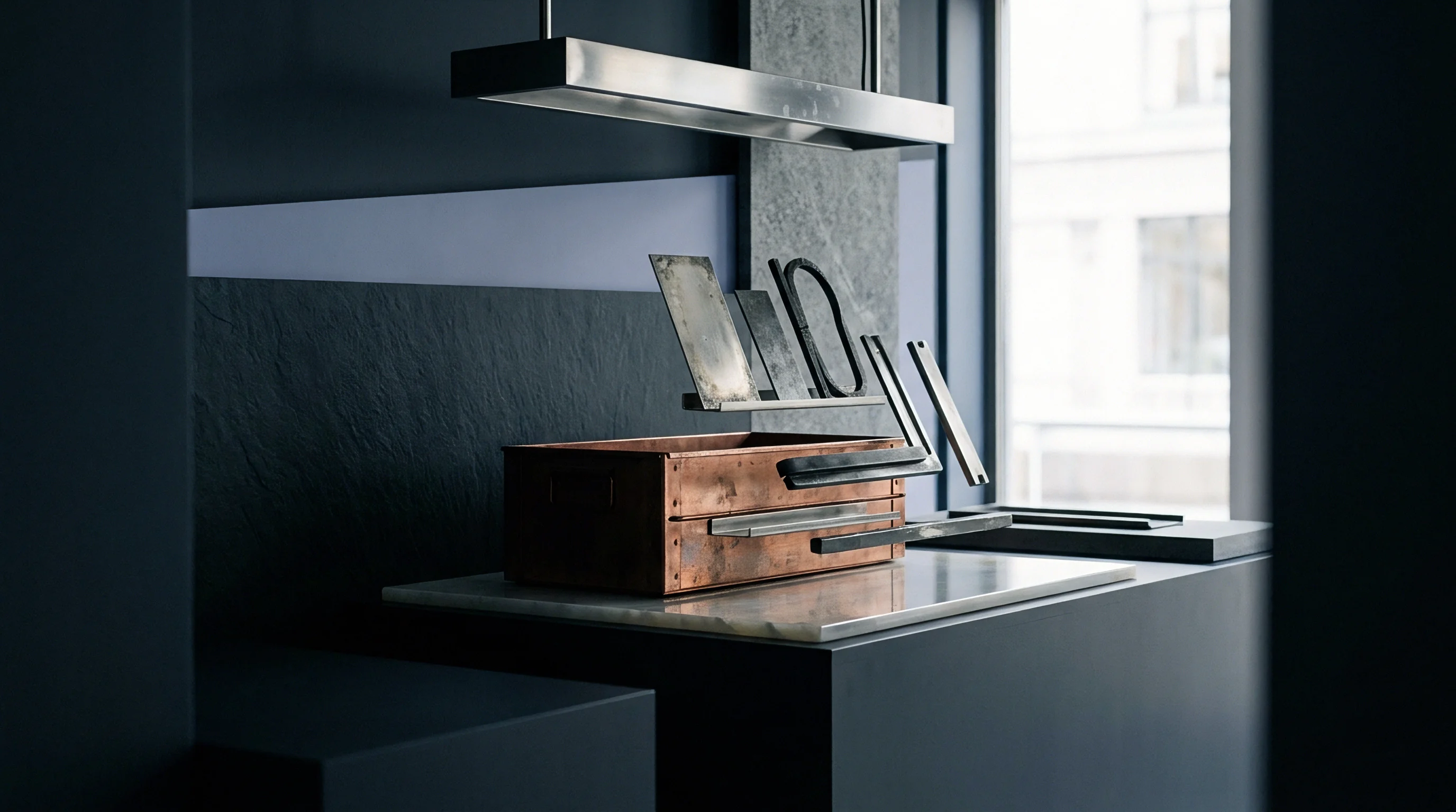 Fabricated metal brackets and a copper component container rest upon a white marble countertop inside a dark industrial design showroom.