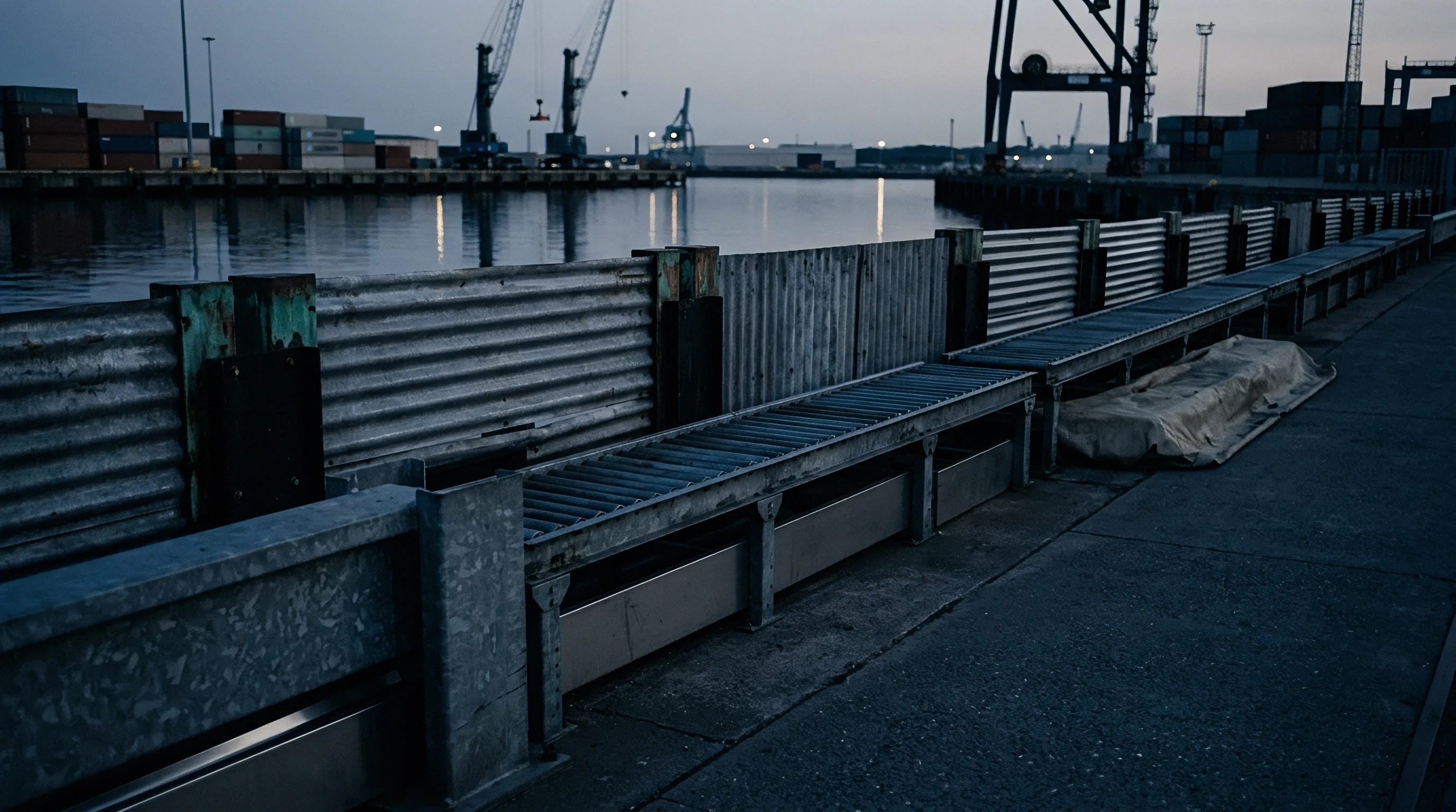 Corrugated steel retaining walls and roller conveyor systems line the concrete quayside of an industrial port terminal under overcast skies.