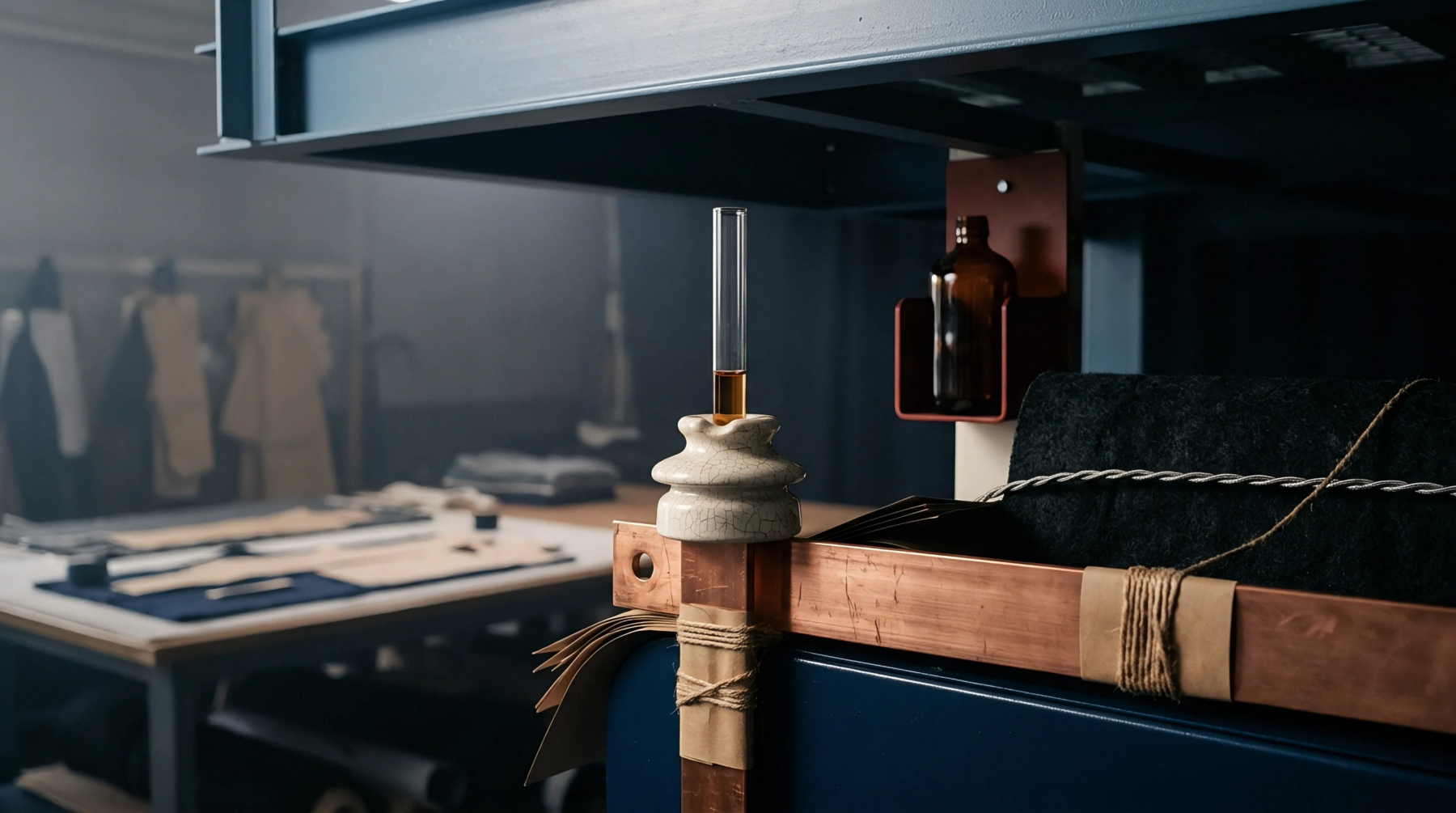 A laboratory setup featuring a glass vial with amber liquid supported by a ceramic insulator on a copper fixture within a textile workshop environment.