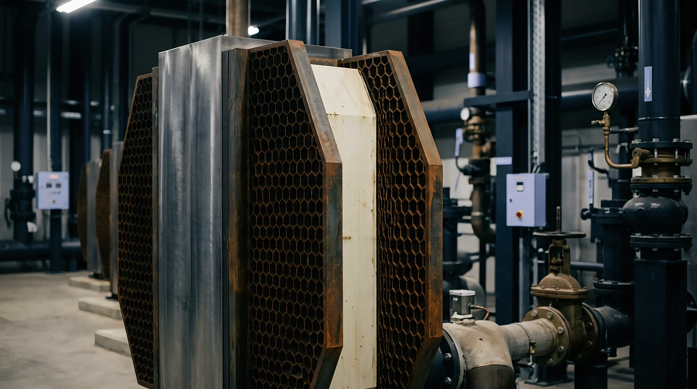 Large hexagonal industrial heat exchangers stand in a row within a factory setting, featuring metal grilles and casings.