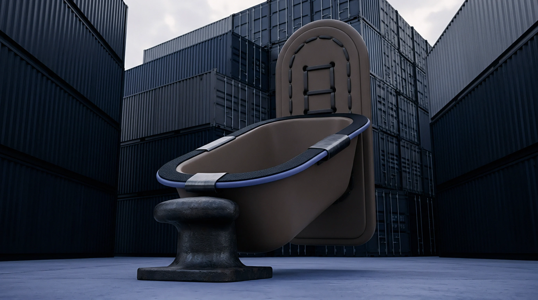 This render shows a conceptual abstract object, resembling furniture or footwear, resting on a bollard within a dense arrangement of shipping containers.