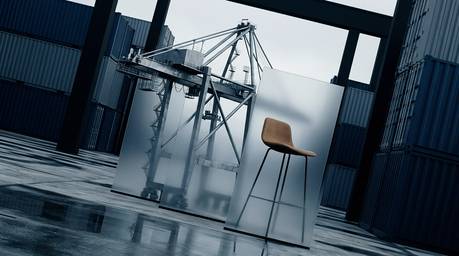 A single upholstered bar stool stands before a frosted partition screen within a vast shipping container terminal featuring heavy industrial cranes and metal cargo units.