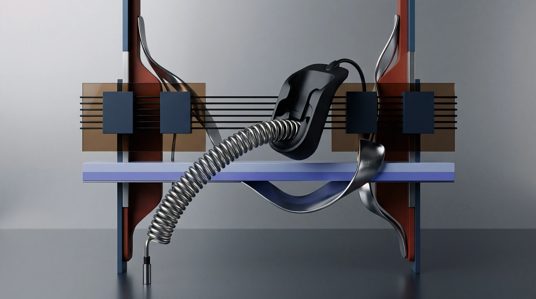 A digital render shows a steel spring component mounted within an industrial manufacturing testing fixture against a neutral grey wall.