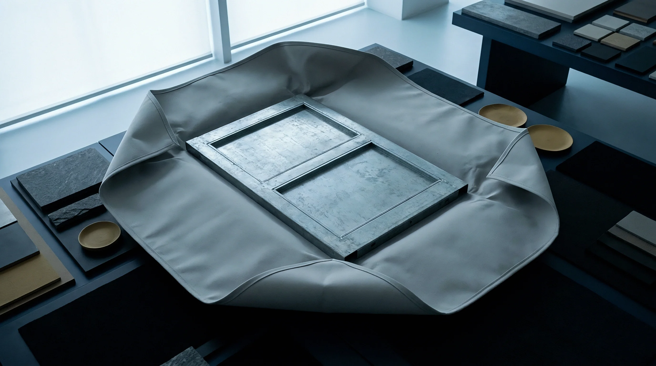 A heavy steel mold rests inside a protective fabric containment on an inspection table surrounded by stone and ceramic material swatches.