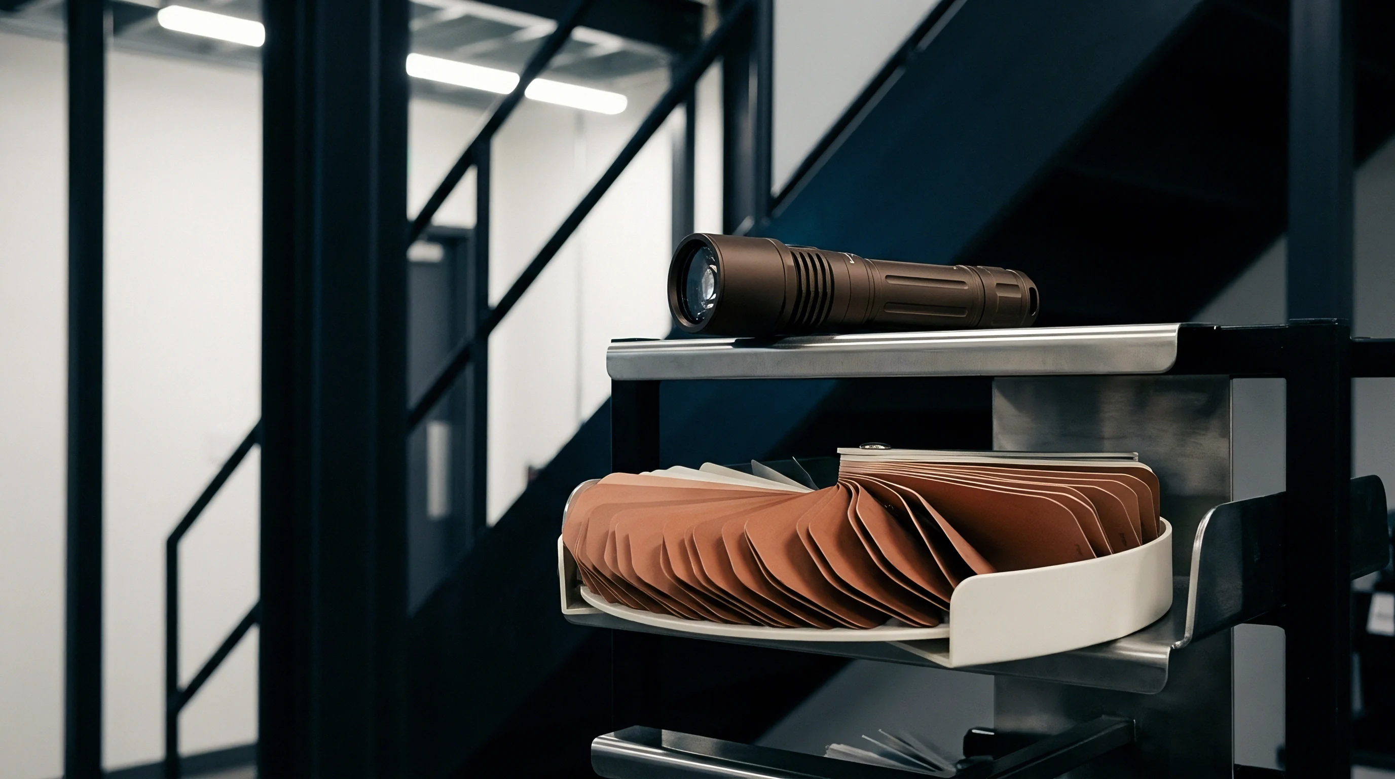 Steel shelving units hold brown material swatches and an inspection flashlight inside an industrial production facility workspace.
