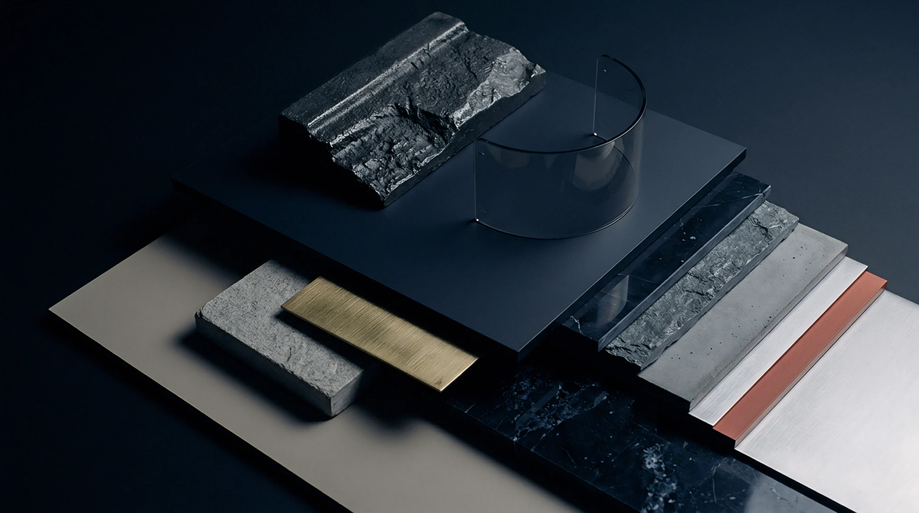 Multiple industrial material swatches comprising metal stone and glass are arranged in layered tiers across a dark production workspace.