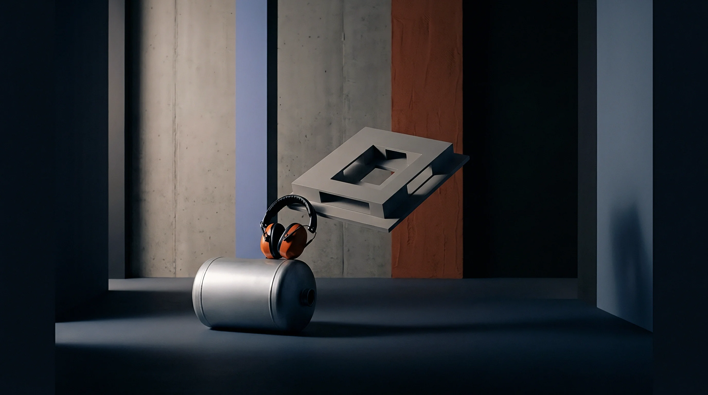 A digital render features a cylindrical metal pressure vessel supporting orange industrial earmuffs beneath a hovering concrete module inside a factory testing floor.