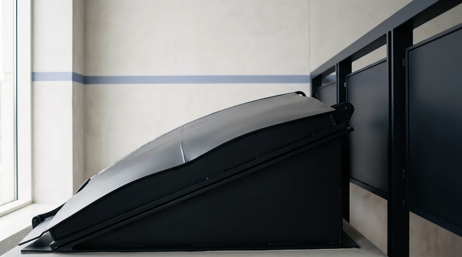A black painted steel roof hatch mechanism is installed along an interior industrial wall beside a metal safety railing.