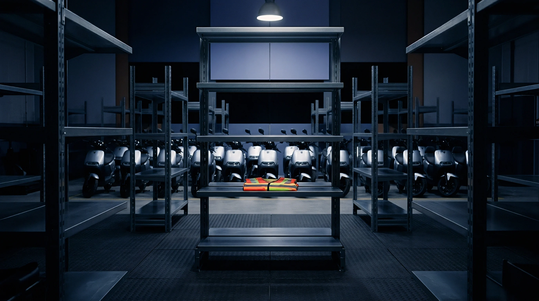 High visibility safety vest rests on metal shelving inside an industrial warehouse stocked with assembled electric scooters under overhead lighting.