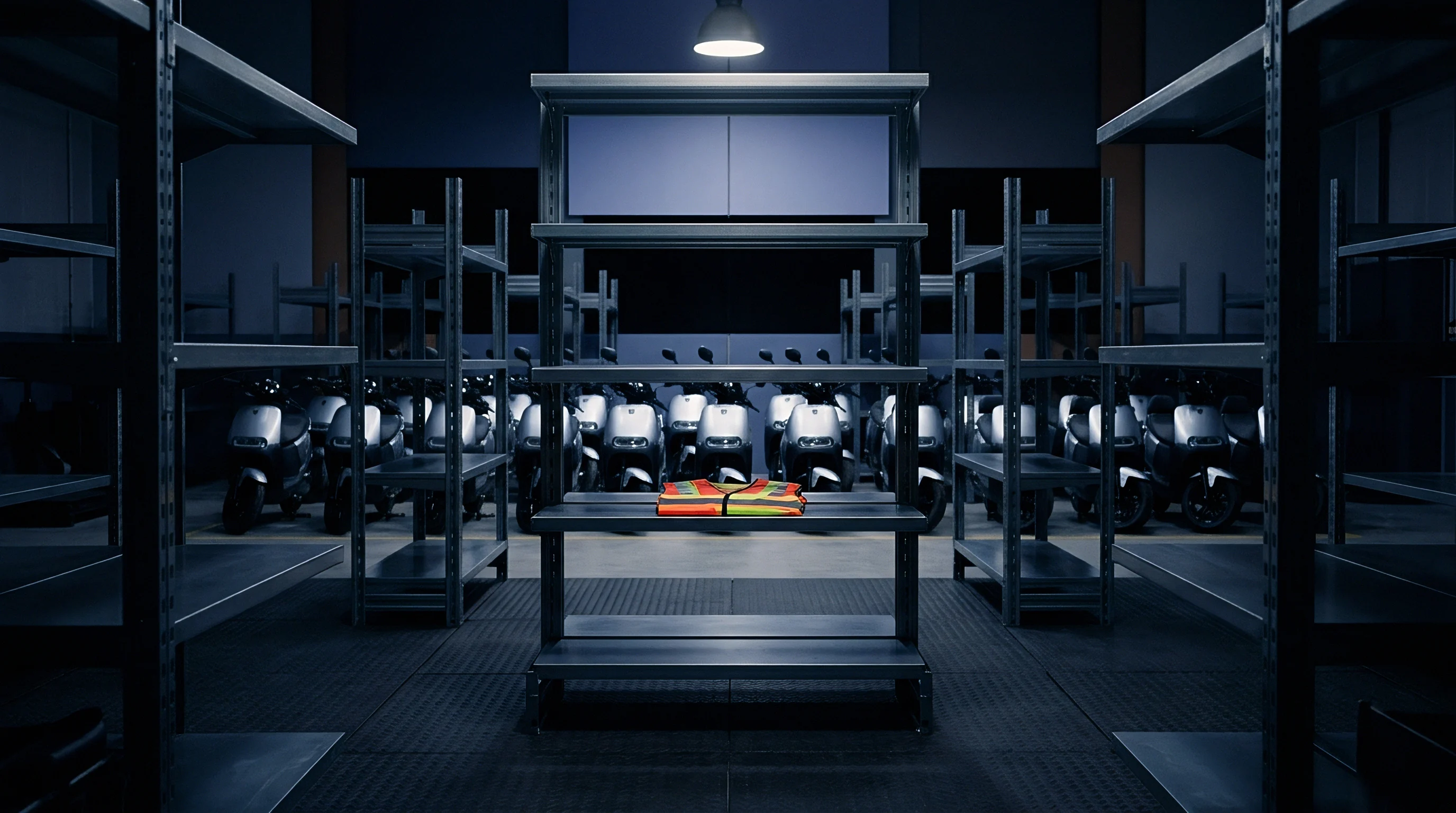 High visibility safety vest rests on metal shelving inside an industrial warehouse stocked with assembled electric scooters under overhead lighting.