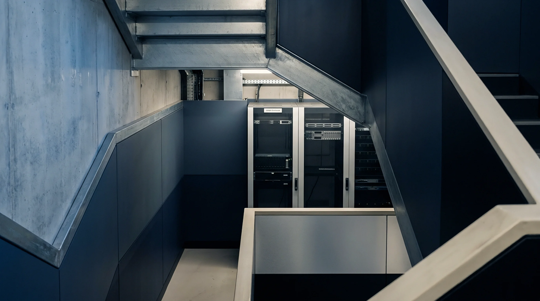 Server racks with electronic equipment stand enclosed within concrete and metal stair structures inside an industrial facility.