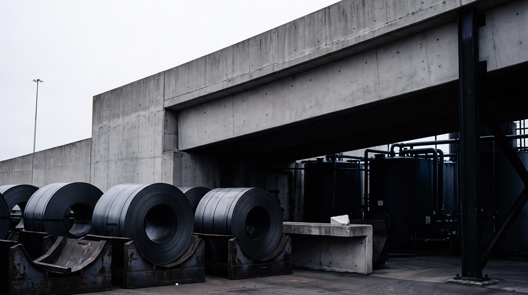 Massive rolls of dark steel material are stored outdoors beneath a heavy concrete overpass structure.