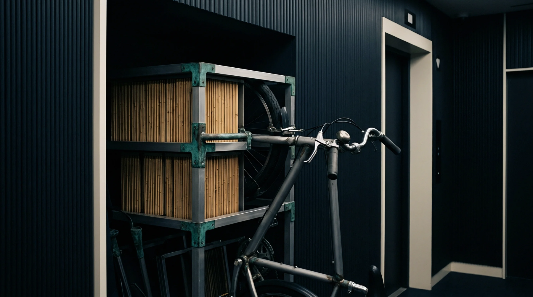 Metal storage racking holds bundled wooden slats beside a bicycle frame inside a dark ribbed industrial facility corridor.