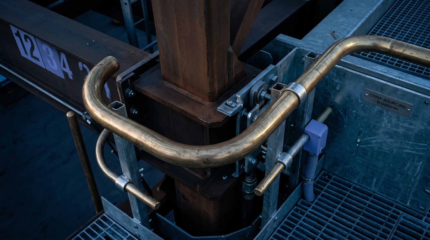Galvanized metal grating supports heavy structural steel beams and curved brass handrails inside a production facility.