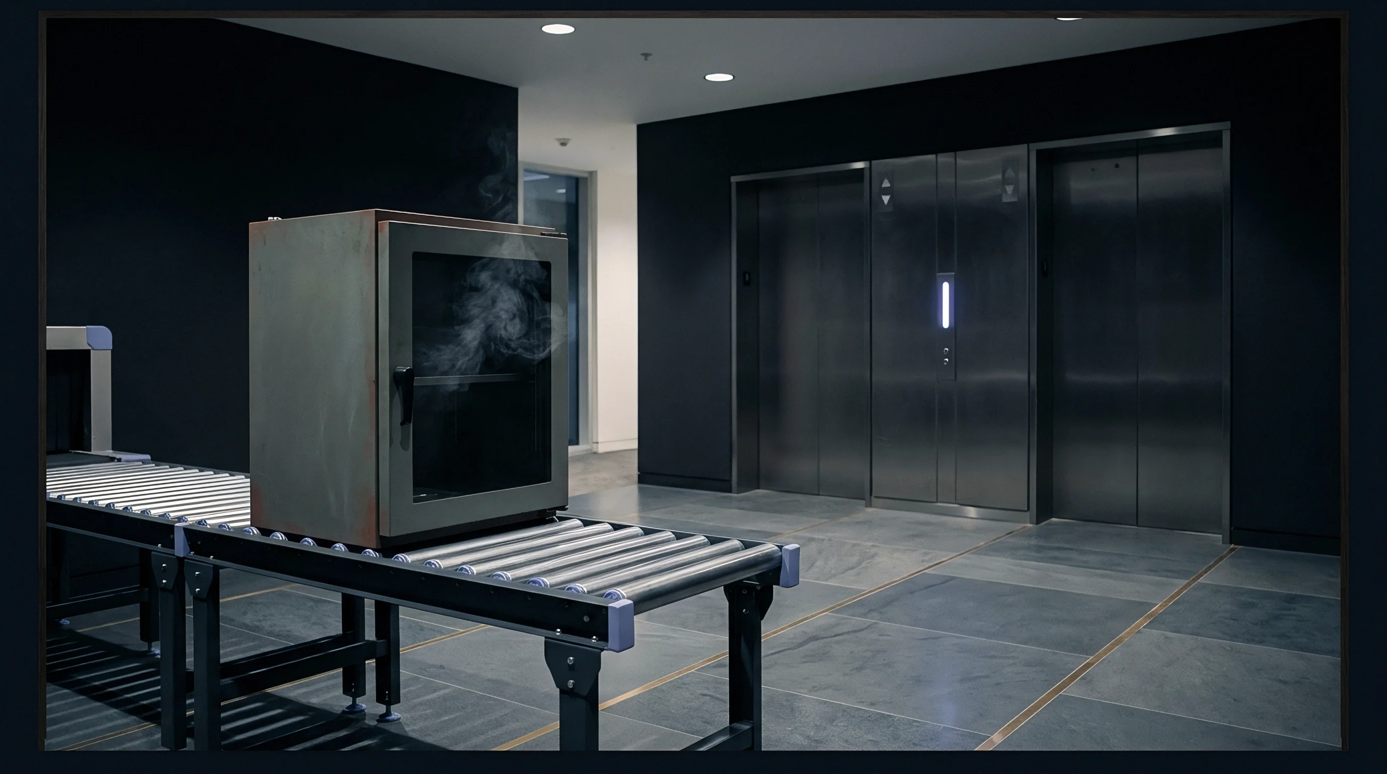 A sealed metal testing chamber with internal vapor sits on a steel roller conveyor inside a dark industrial facility corridor.