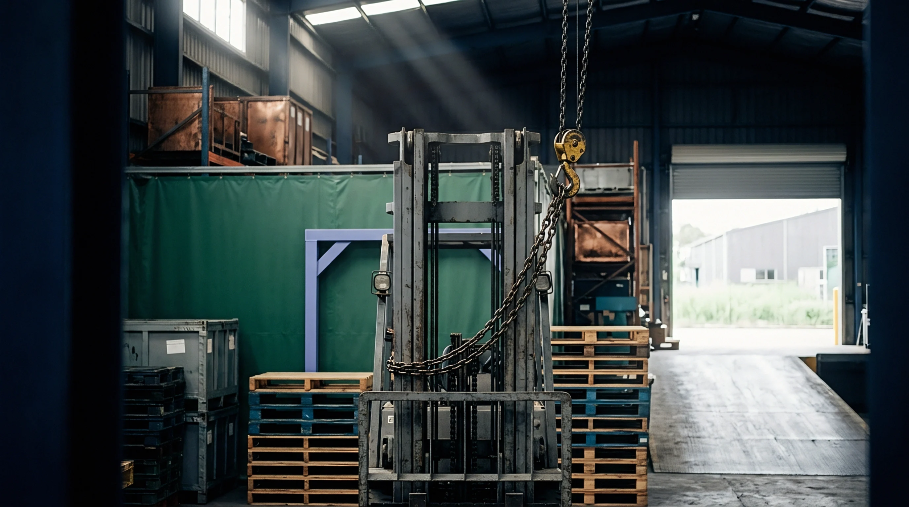 A forklift stands amidst wooden pallets and metal containers inside an industrial warehouse near an open loading dock bay.