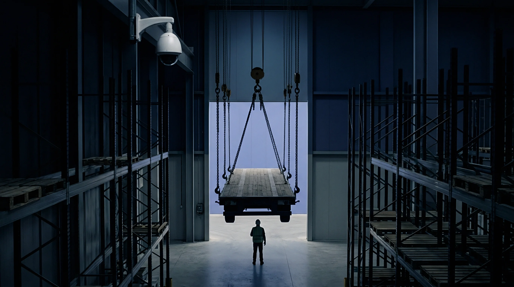 An industrial worker wearing a high visibility vest observes a wooden platform suspended by chains within a warehouse corridor flanked by empty storage racks.