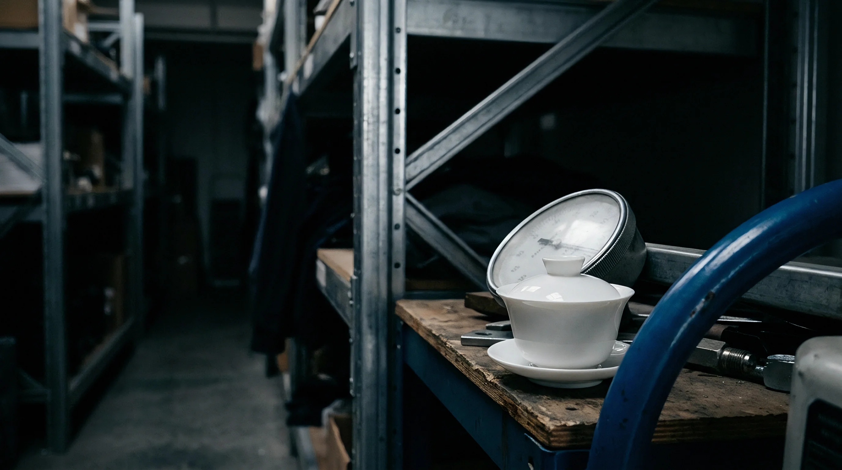 A porcelain tea set and a circular metal pressure gauge rest on a wooden workbench inside a dimly lit manufacturing warehouse facility.