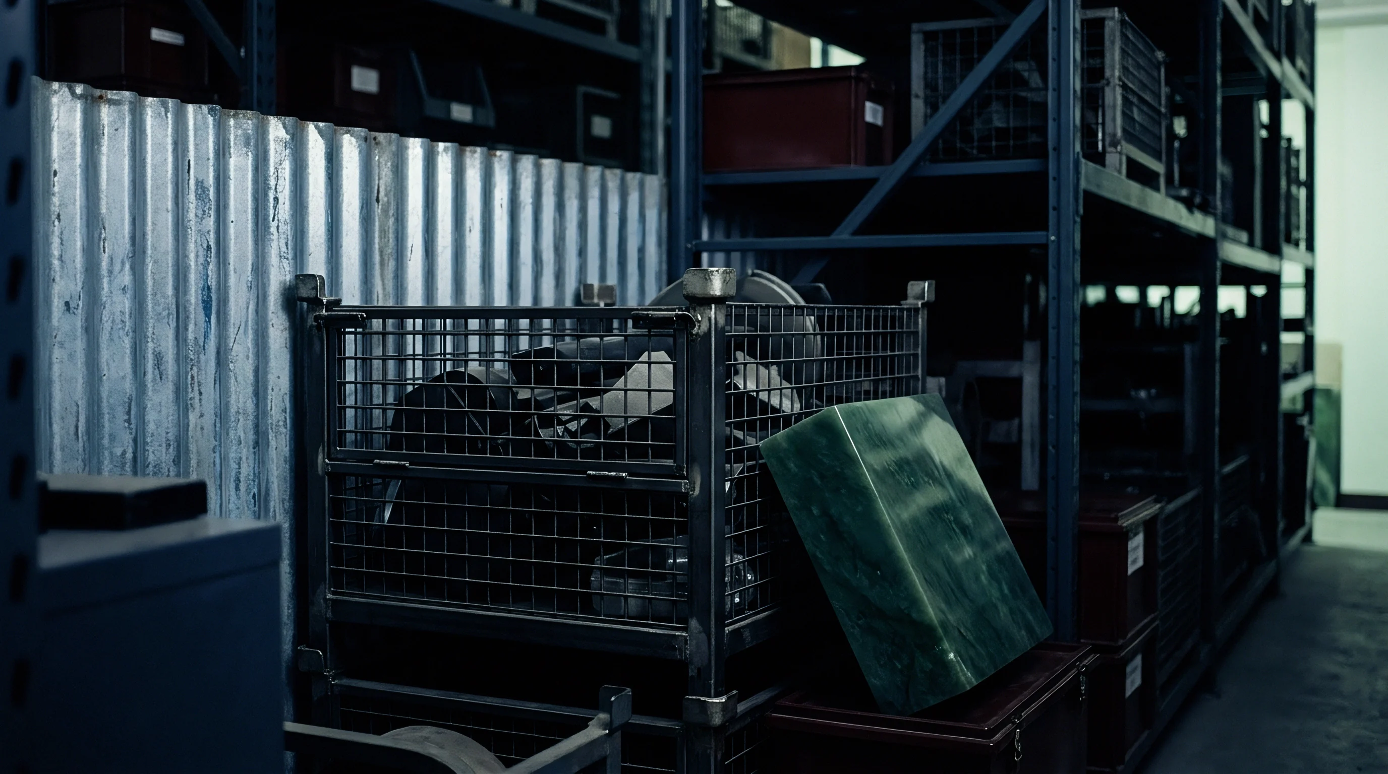 Heavy industrial shelving units and stacked wire mesh bins hold metal production components inside a dim factory warehouse.