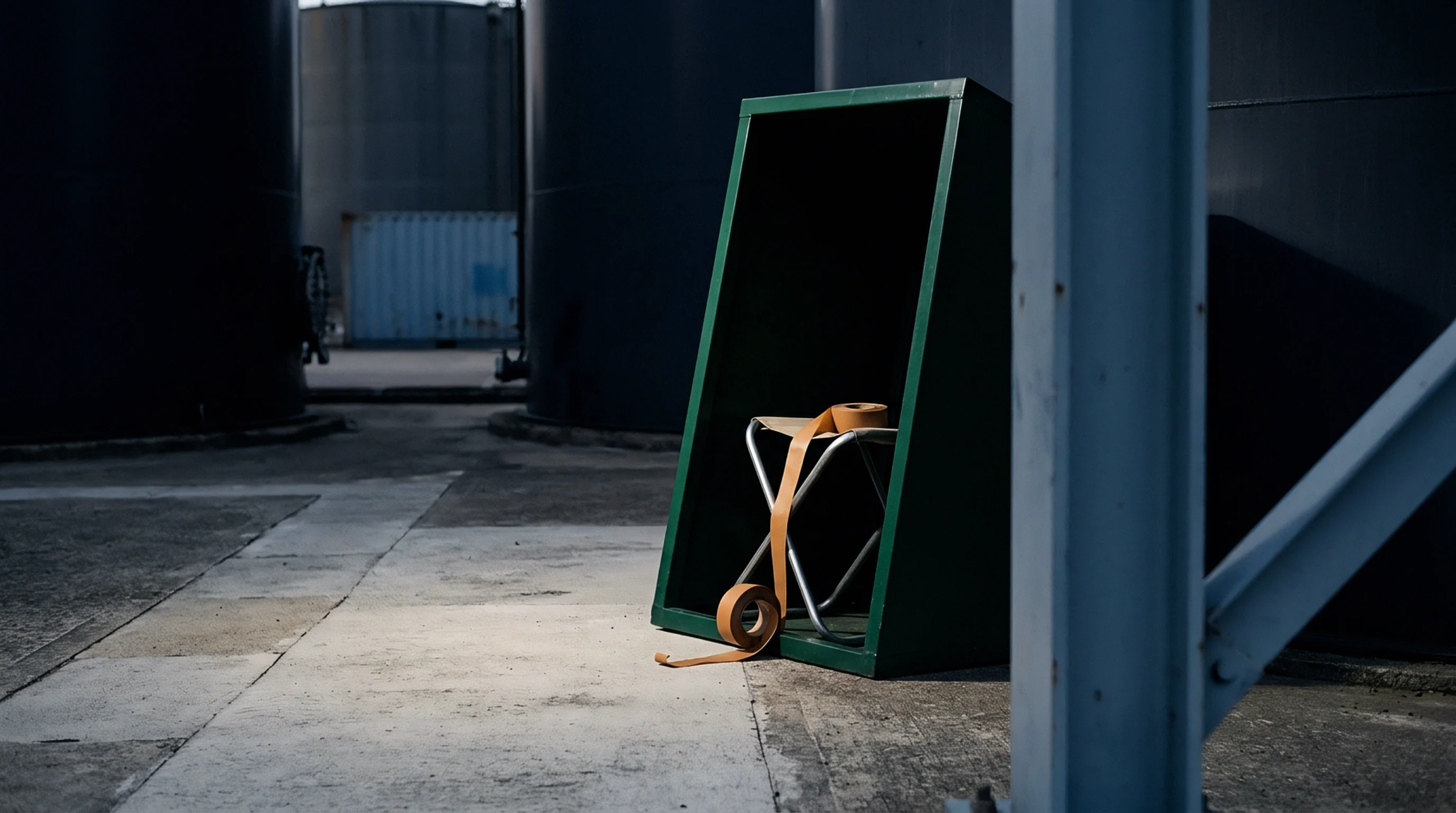 A folding stool and dispensed strapping tape rest inside a green protective enclosure within a heavy industrial manufacturing storage yard.