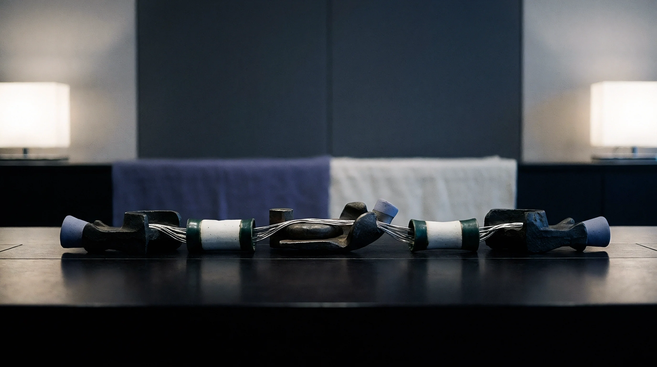 An assembled cable harness prototype sits horizontally on a dark surface between two lamps against a dual tone backdrop in an office.