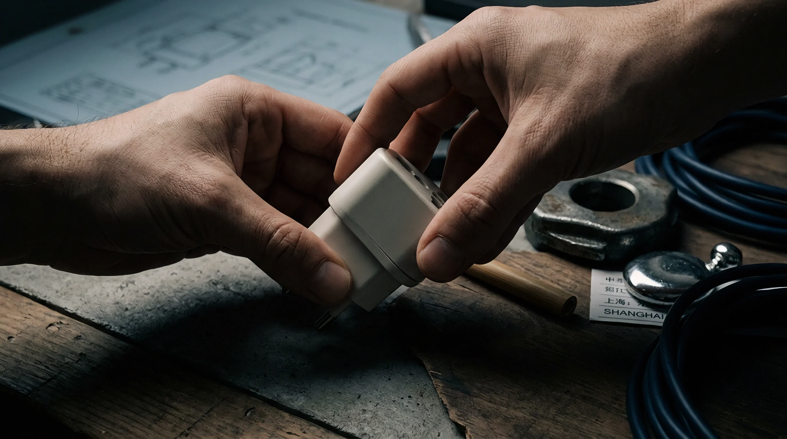 Two hands are shown manipulating a white electrical adapter on a wooden surface, with manufacturing blueprints and coiled cables in the background.