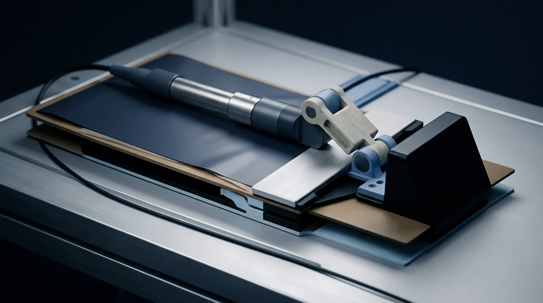 Digital render of a laboratory material testing fixture featuring a metallic probe and layered polymer sheets on a workshop workbench.