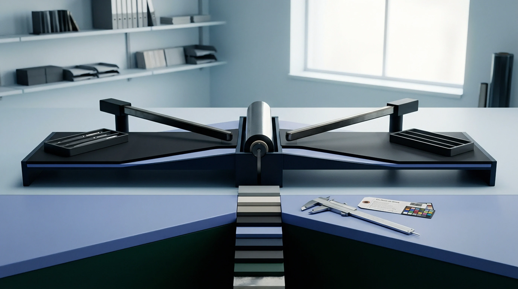 A material testing apparatus stands on a blue workbench inside a factory quality inspection laboratory alongside color swatches and calipers.