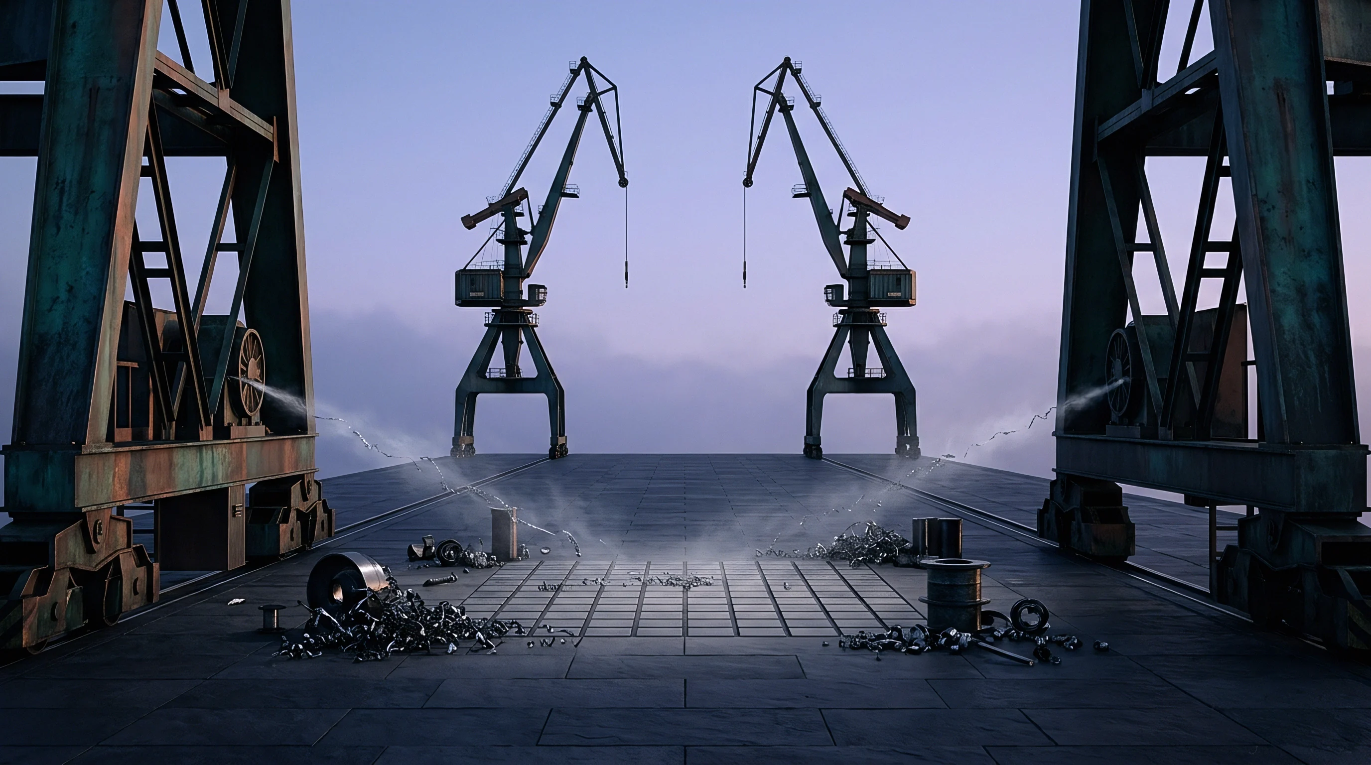A digital illustration portrays heavy industrial gantry cranes overlooking scattered metal debris and fine metallic stream on a vast outdoor factory production platform.