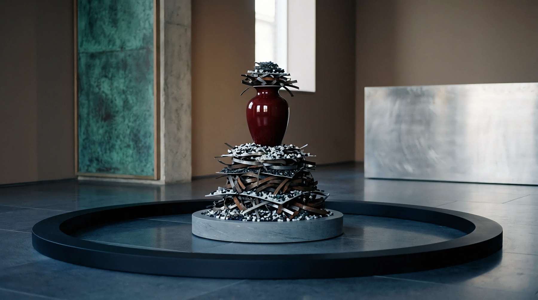 A red vase sits atop a stacked array of metal plates and small granular materials centered within a low circular platform inside a gallery.